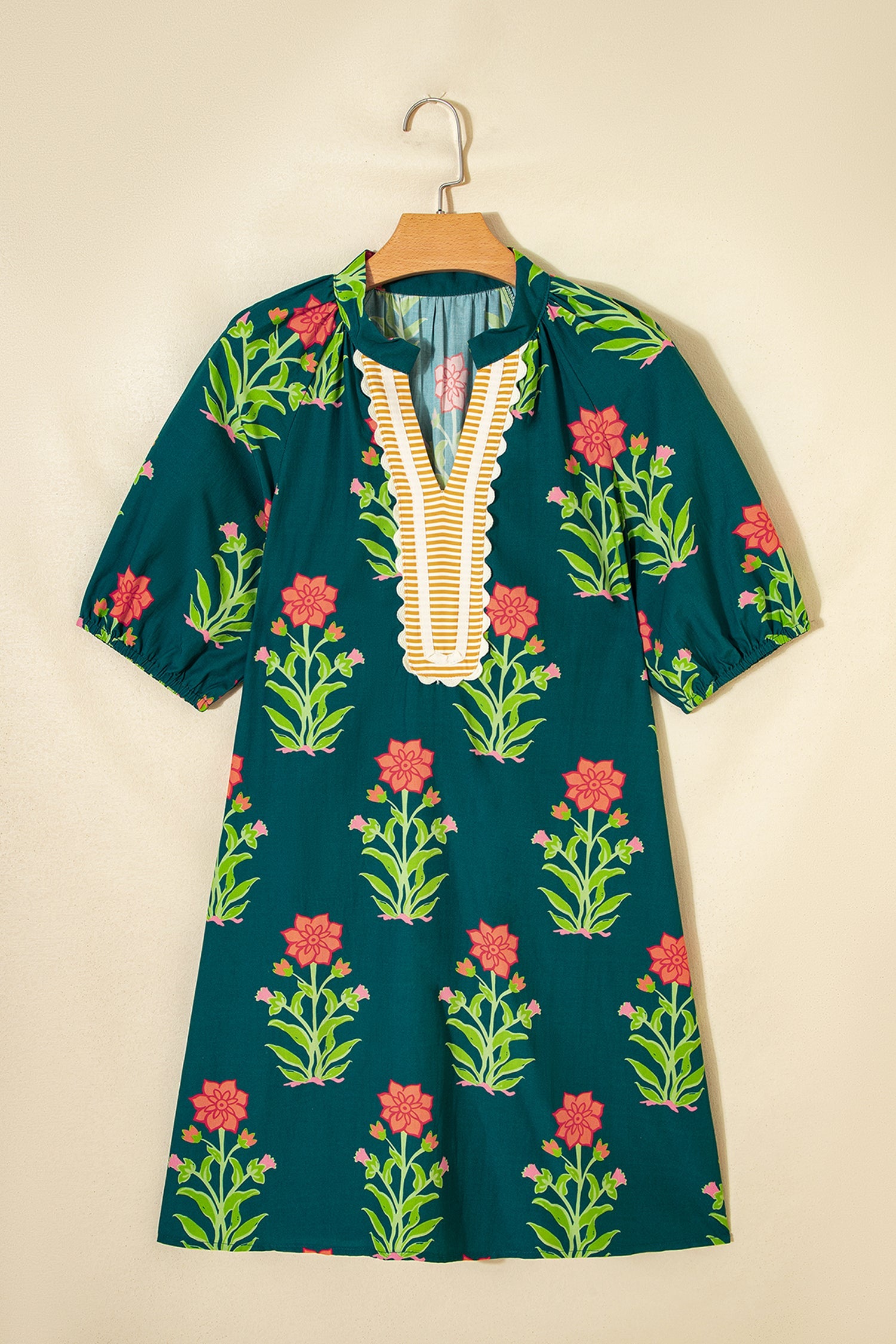 Green Floral Print Contrast Trim Striped Patchwork Short Sleeve Dress