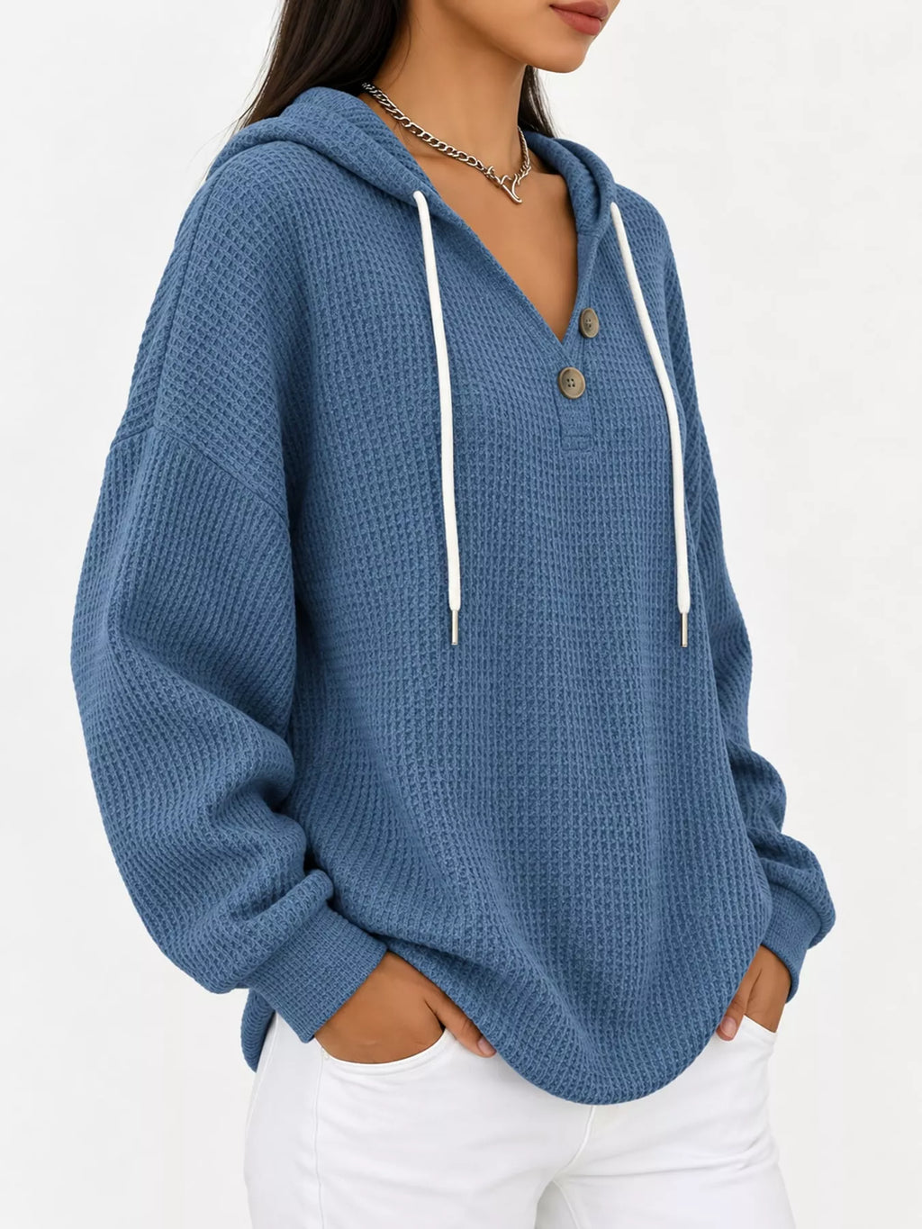 Full Size Waffle Knit Button Detail Hoodie Plus Size