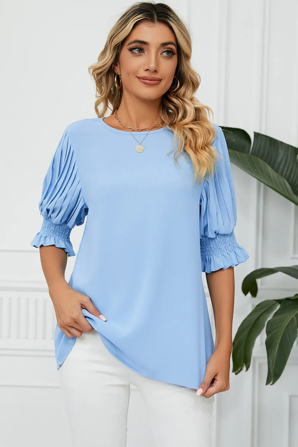 Frill Round Neck Lantern Sleeve T-Shirt