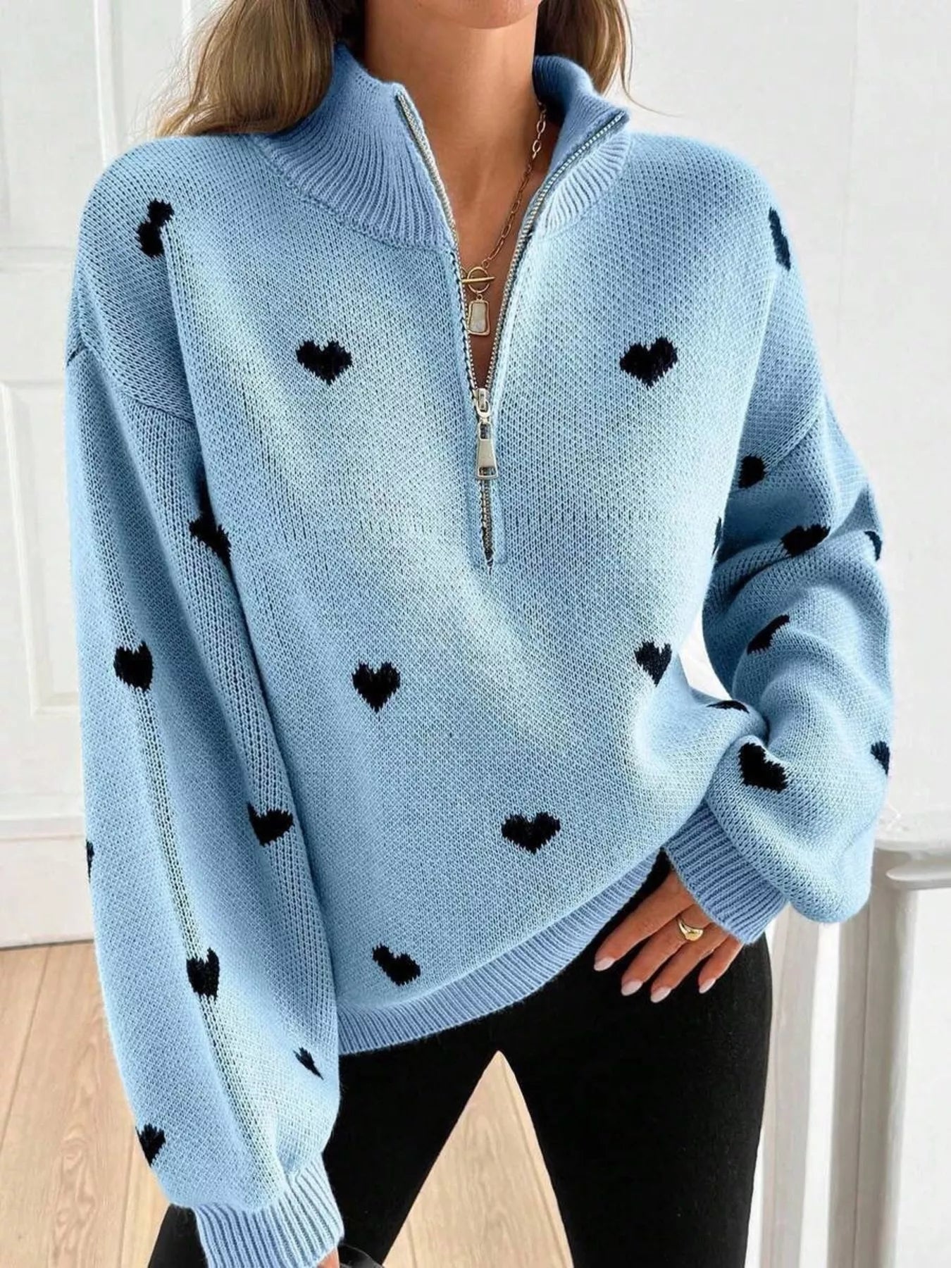 Full Size Heart Half-Zip Long Sleeve Sweater Plus Size
