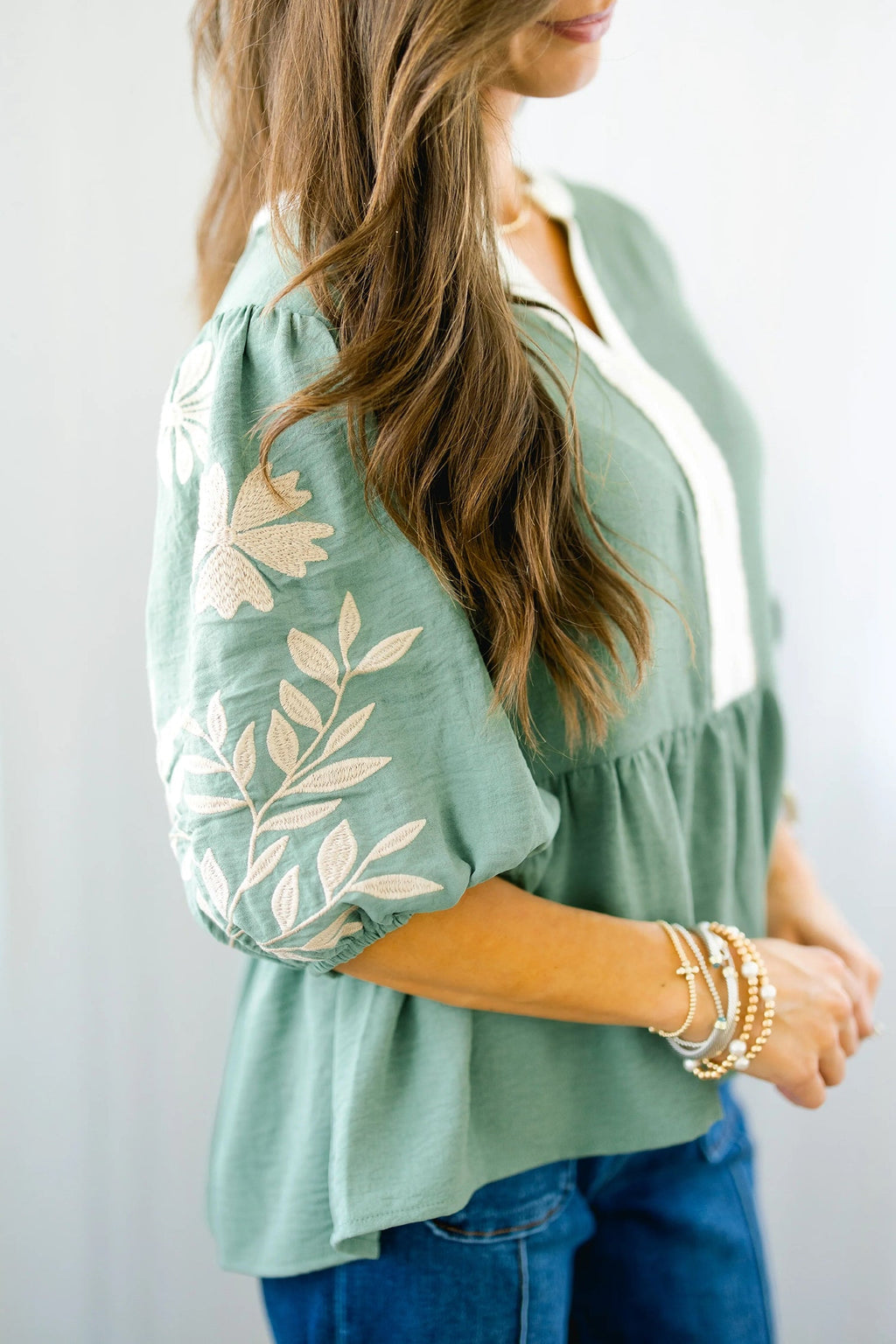 Smoke Green Color Block Patchwork V Neck Embroidered Puff Sleeve Babydoll Blouse
