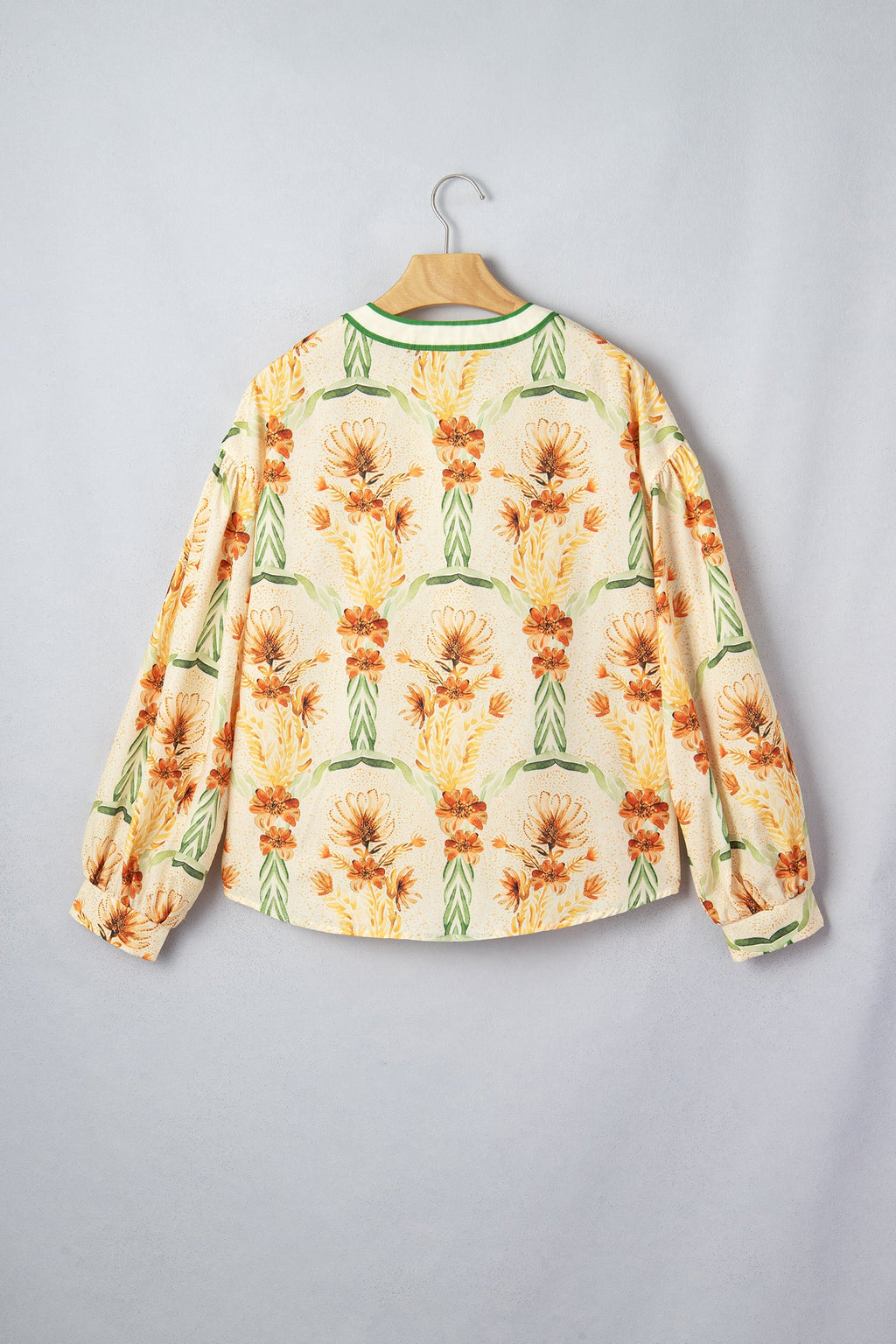 Yellow Floral Print V Neck Long Sleeve Shirt