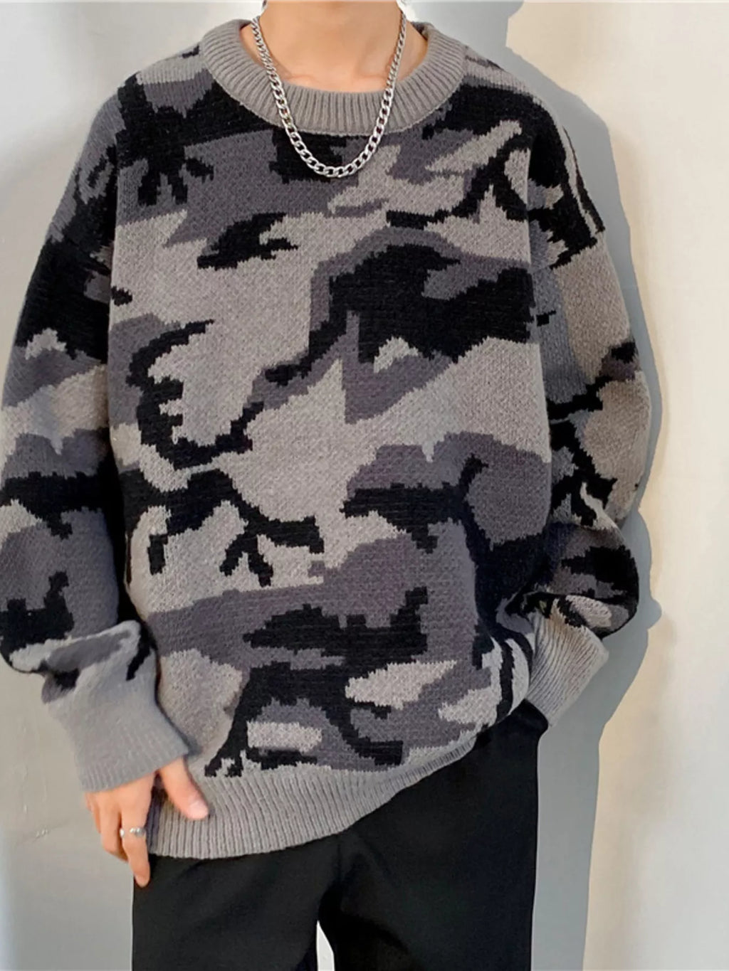 Men's Plus Size Camouflage Round Neck Sweater