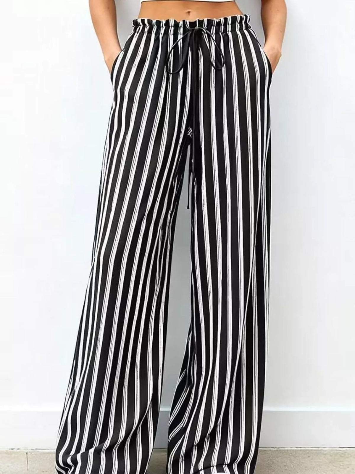 Striped Wide-Leg Drawstring Pants