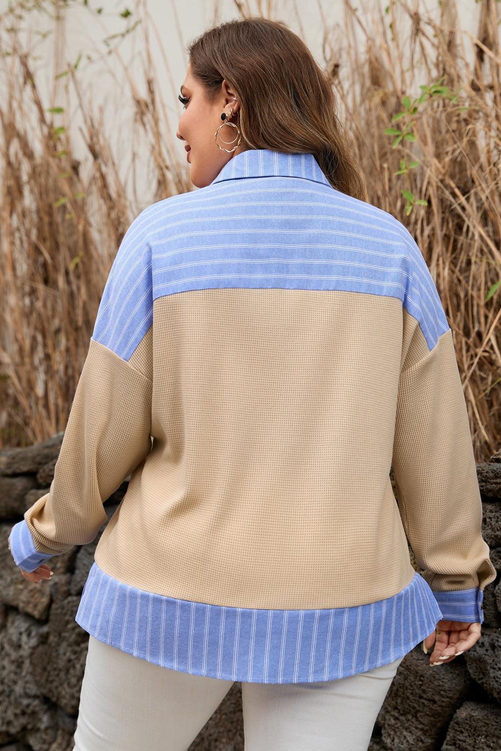 Plus Size Stripe Contrast Trim Waffle Knit Collared Top