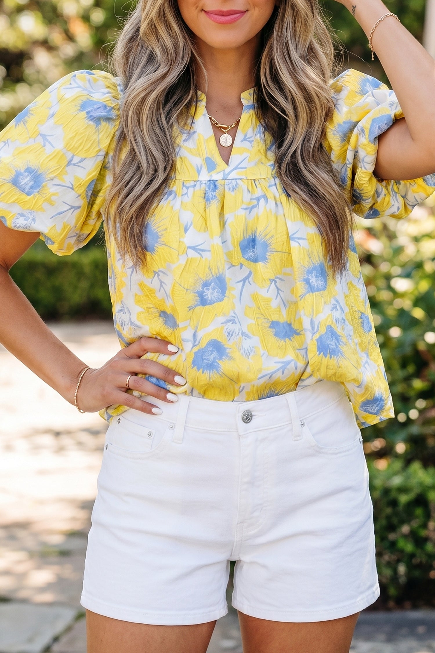 Yellow Short Bubble Sleeve Summer Floral Blouse