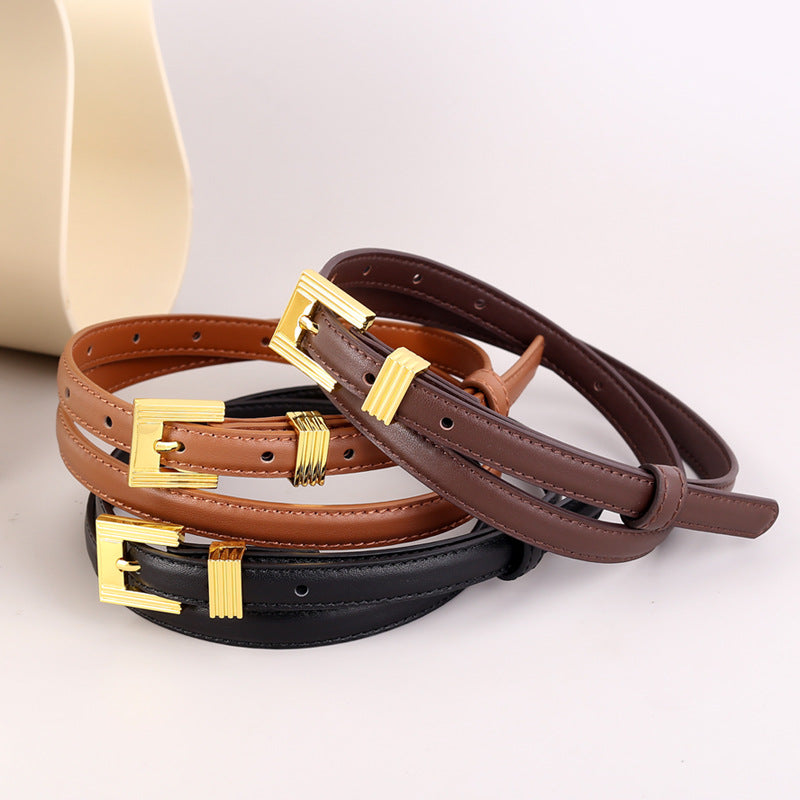 Skinny Leather Belt with Golden Buckle