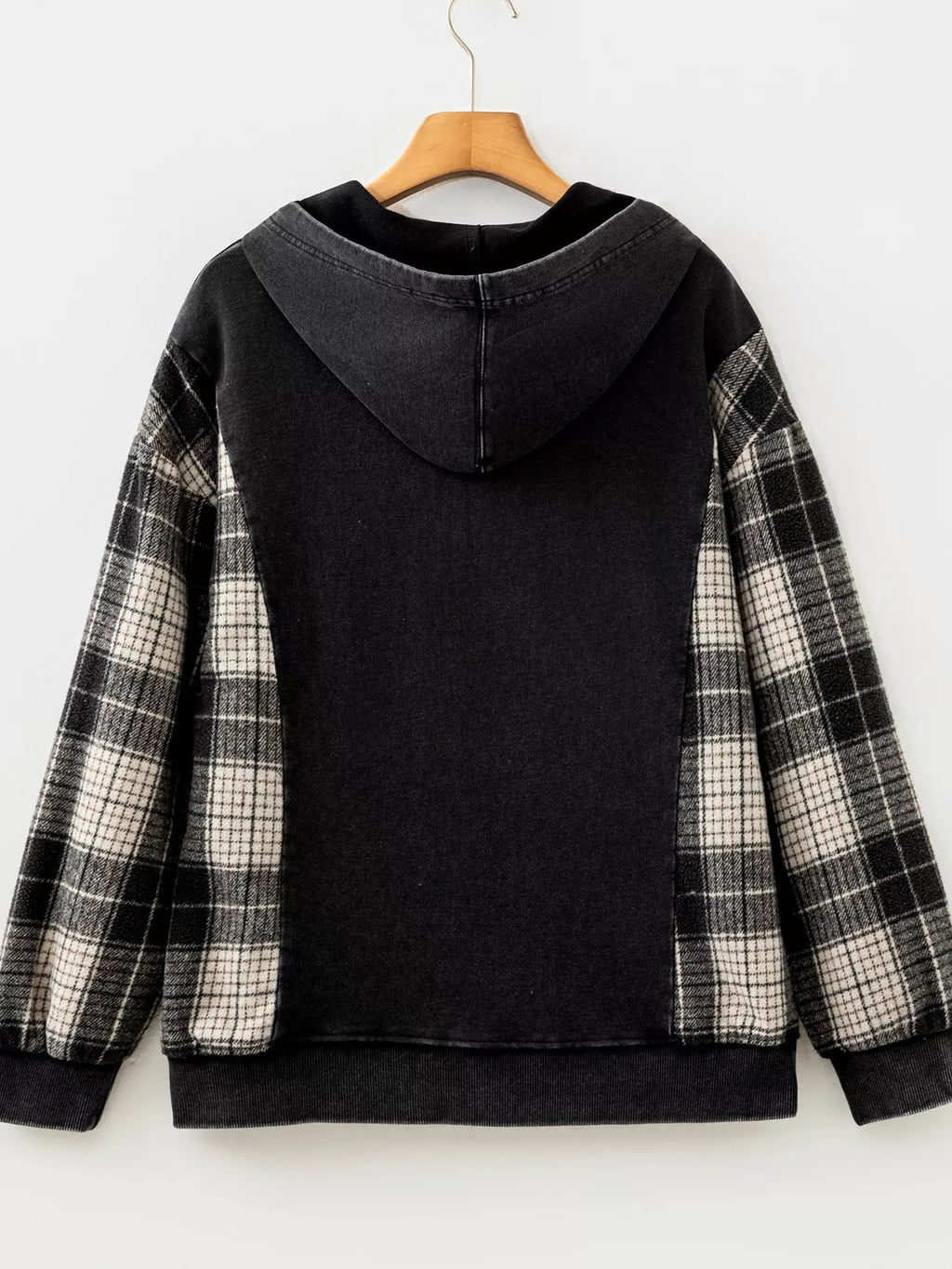 Plaid Sleeve Drawstring Pocket Hoodie