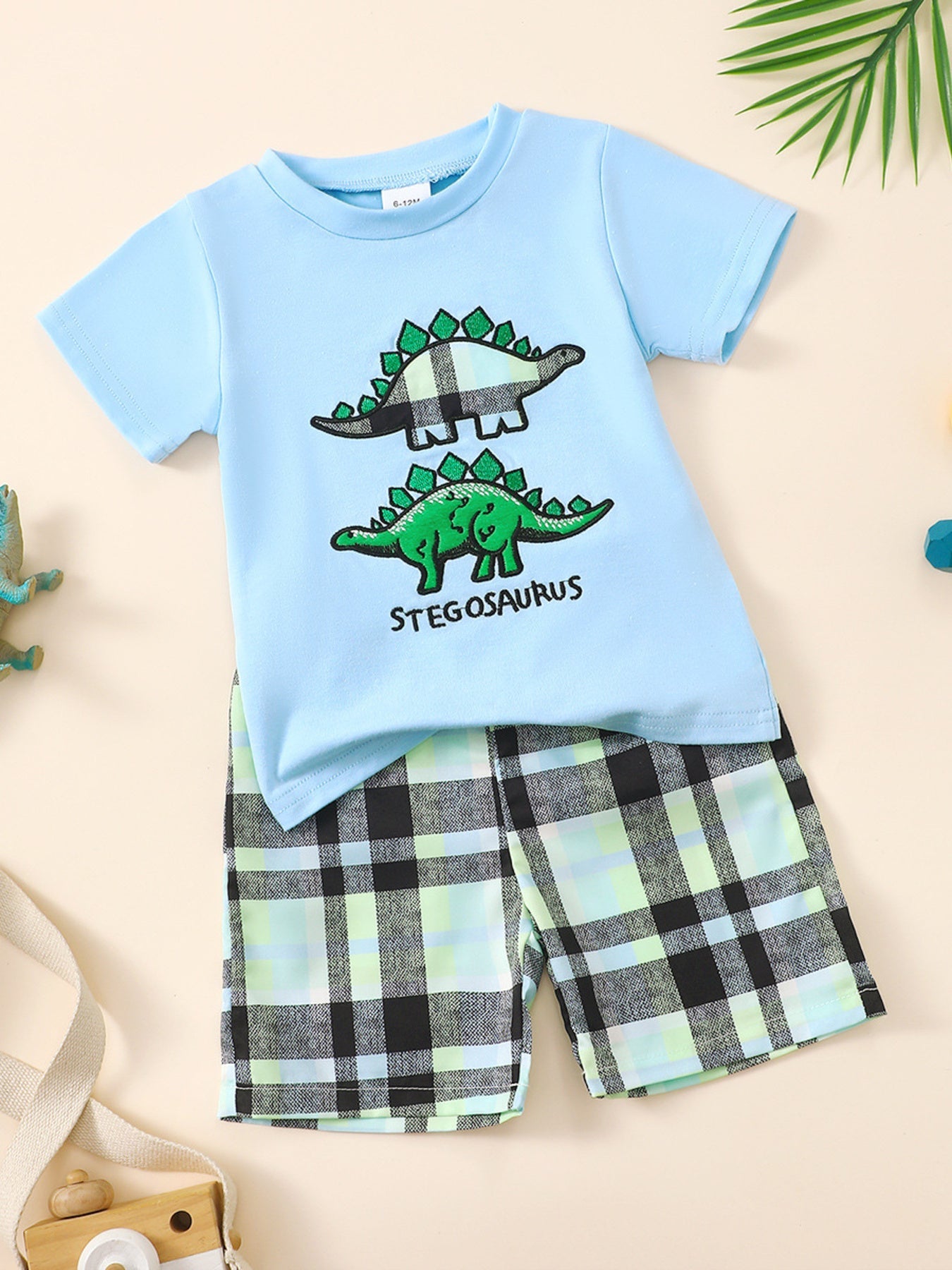 Children's Dinosaur Short Sleeve Tee & Plaid Shorts Set