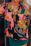 Black Floral Print Smocked Cuffs Puff Sleeve V Neck Blouse