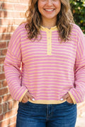 Plus Size Striped Long Sleeve Button Detail Sweater