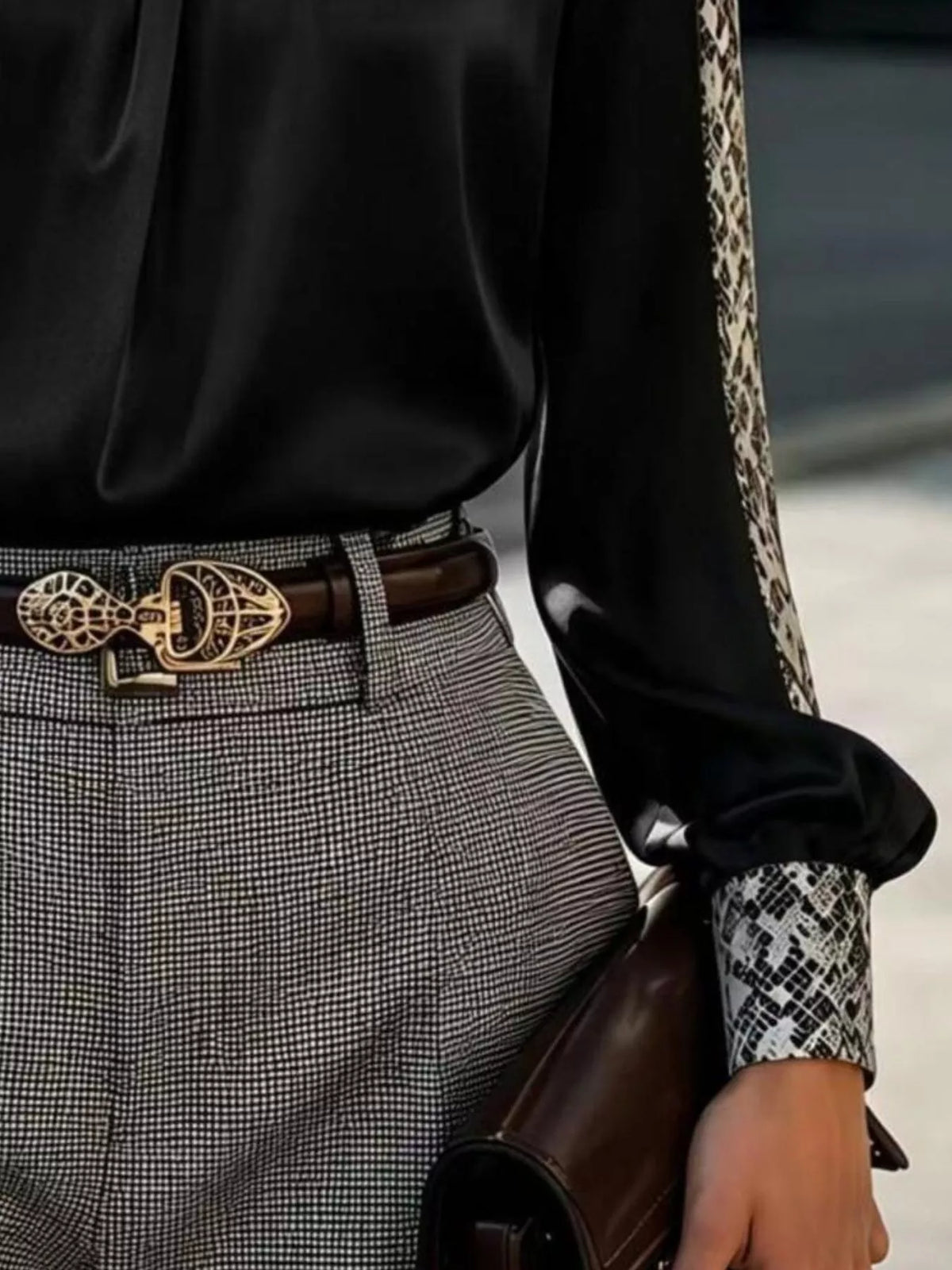 Snake Print Contrast Trim Satin Blouse