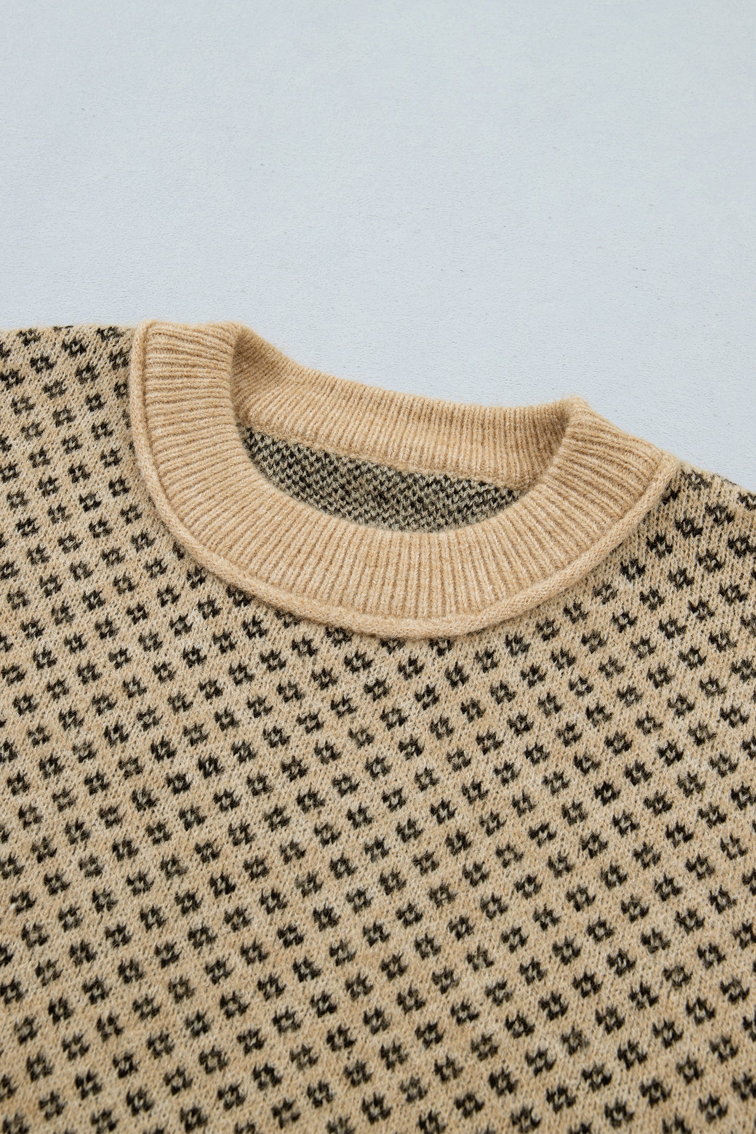 Khaki Geometric Print Drop Shoulder Round Neck Long Sleeve Sweater