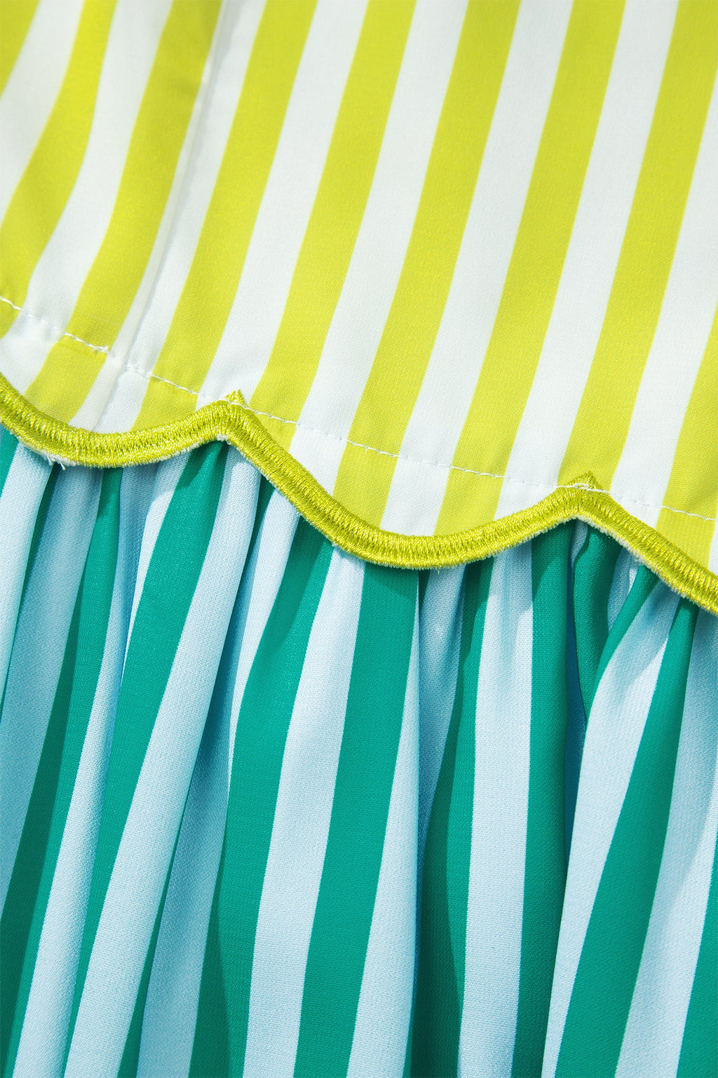 Green Stripe Scalloped Contrast Patchwork Knot Strap Midi Dress