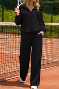 Solid Zip Sailor Collar Pullover Athleisure Sweatpants 2pcs Set