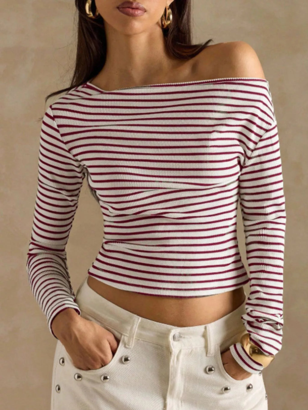 Off-Shoulder Striped Ribbed Long Sleeve T-Shirt