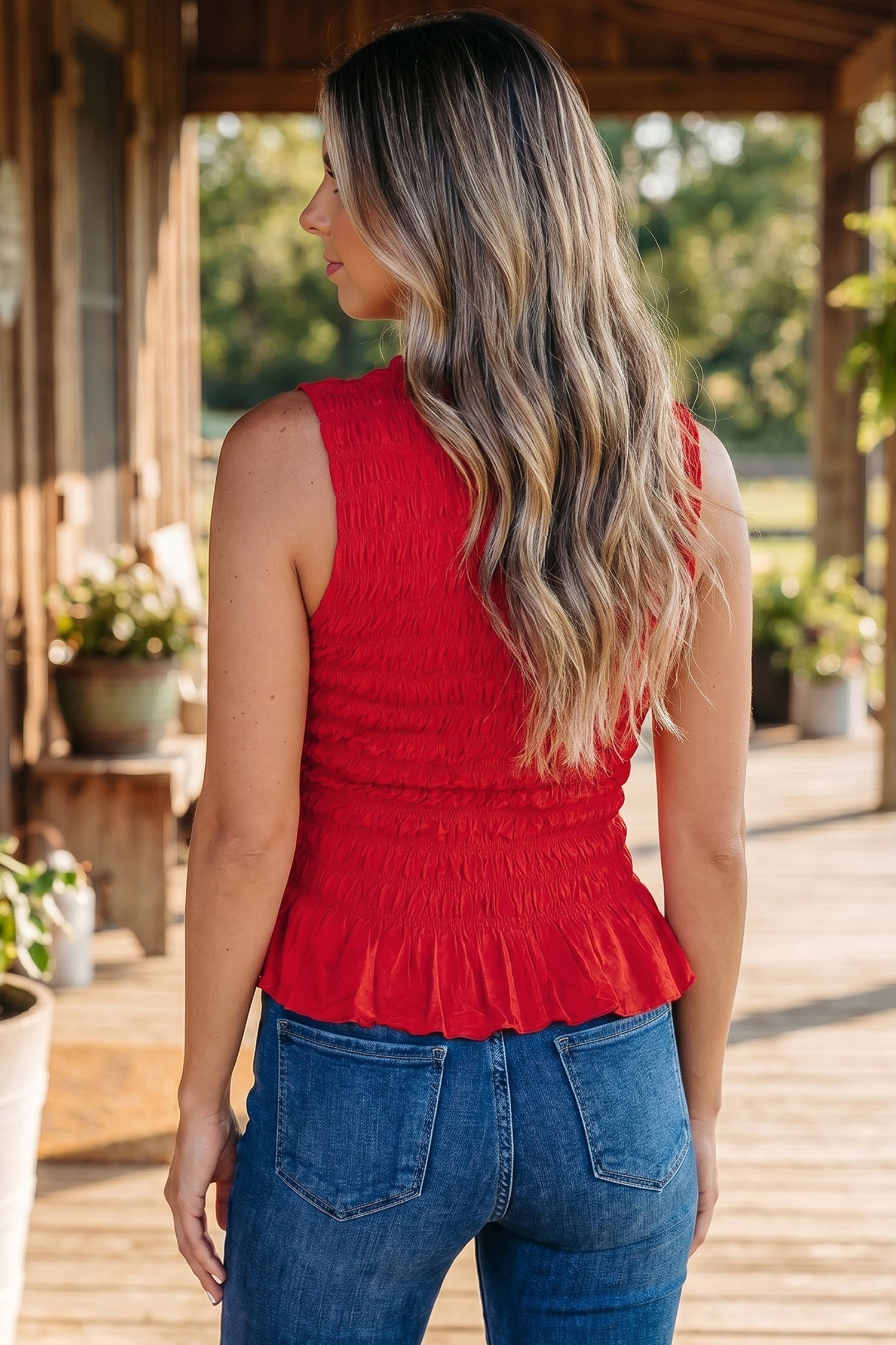 Fiery Red Shirred Slim Fit Ruffle Hem Tank Top