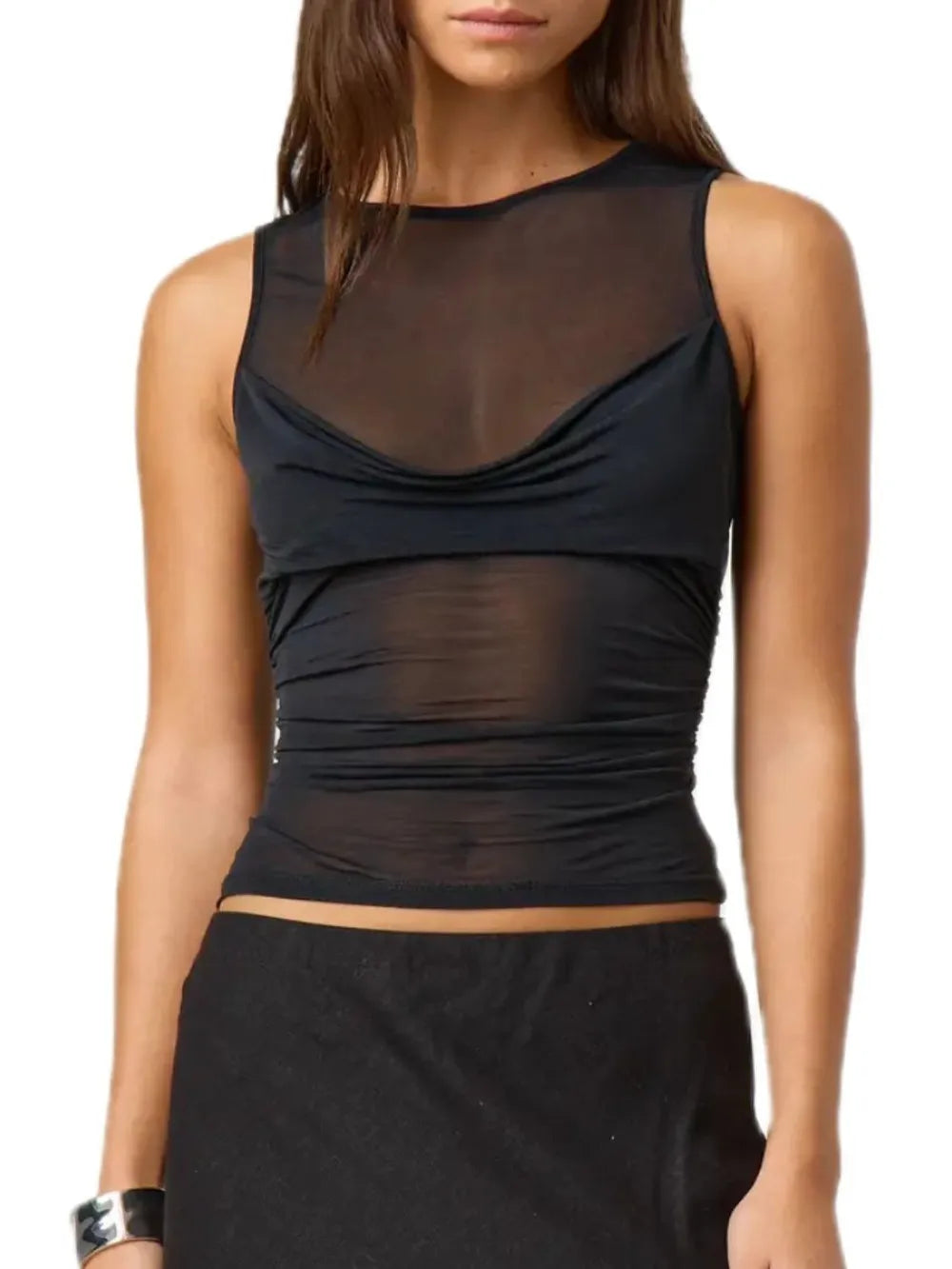 Semi-Sheer Ruched Round Neck Tank Top