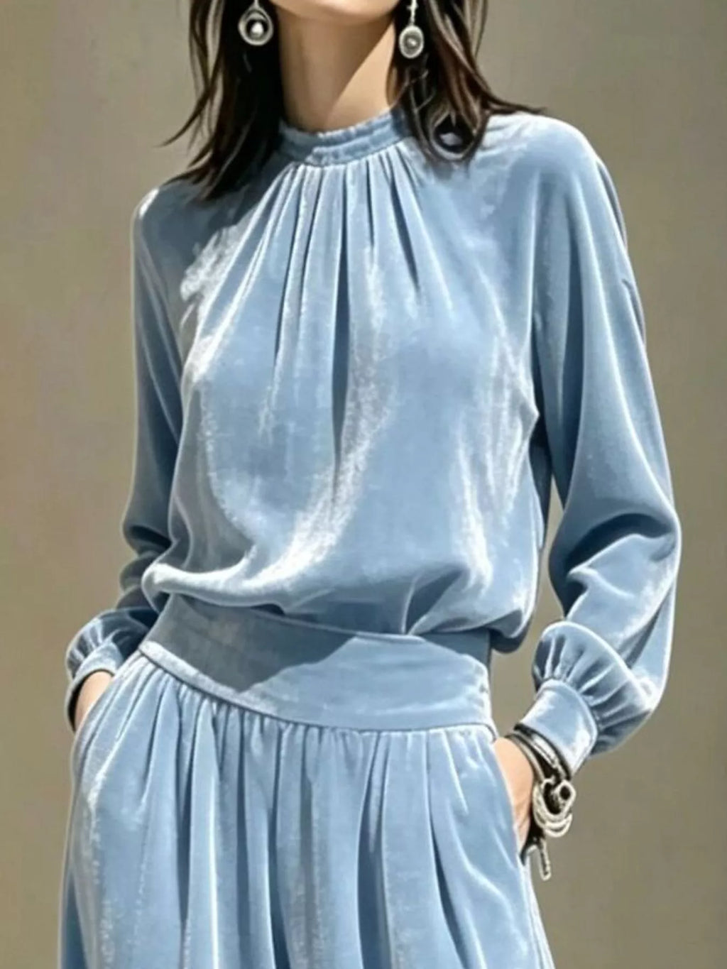 Velvet Mock Neck Long Sleeve Top and Wide-Leg Pants Set