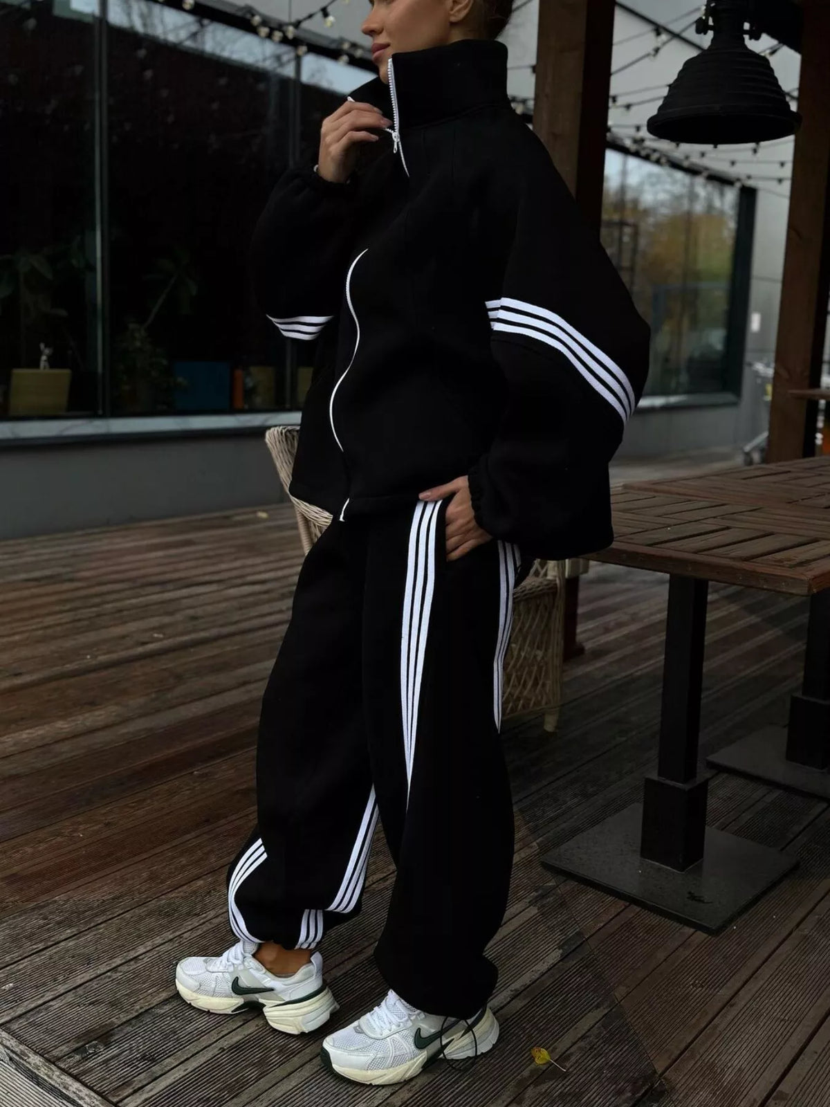 Contrast Striped Zip Up Top and Pants Set