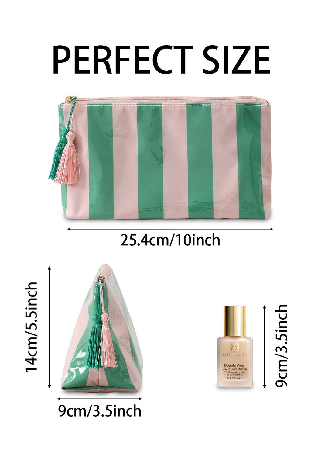 Dark Green Striped Vinyl Waterproof Tassel Zipper Makeup Bag