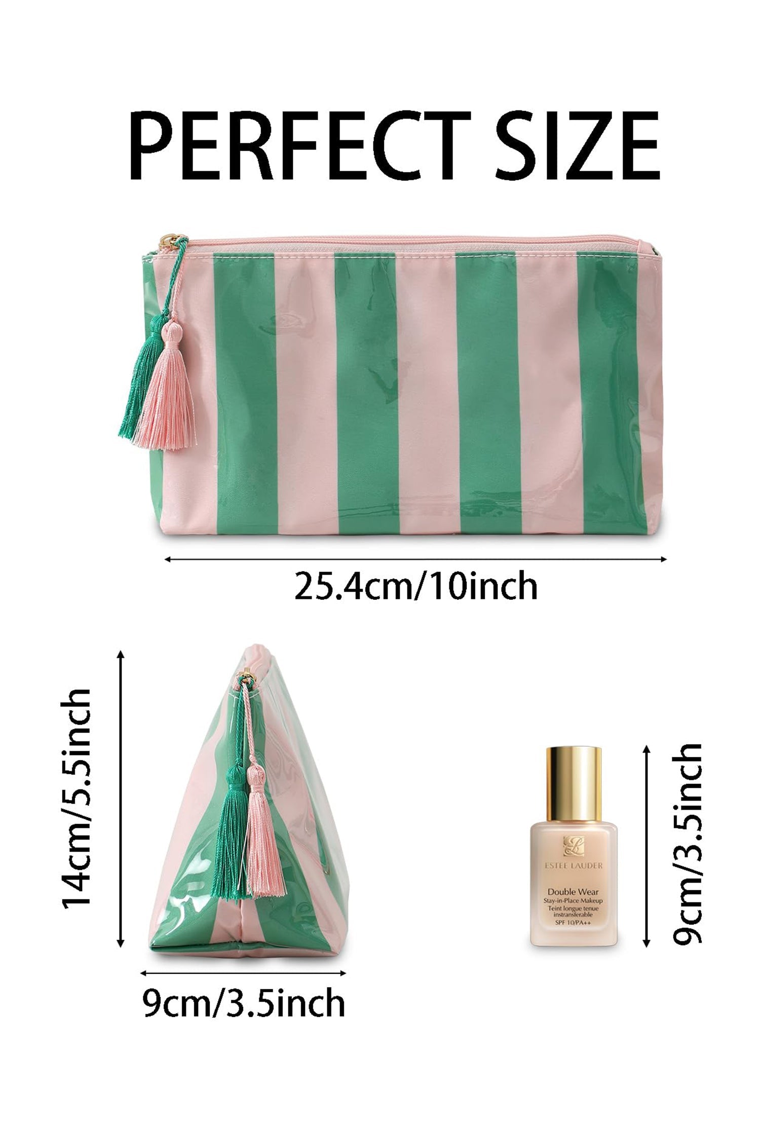 Dark Green Striped Vinyl Waterproof Tassel Zipper Makeup Bag