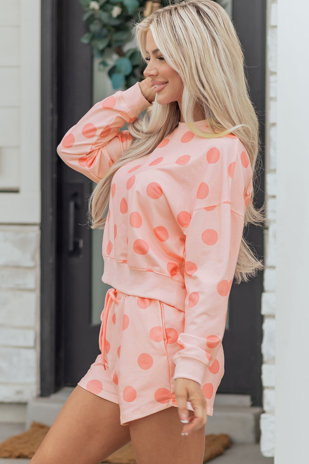 Pink Polka Dot Print Drop Shoulder Pullover Drawstring Shorts Set