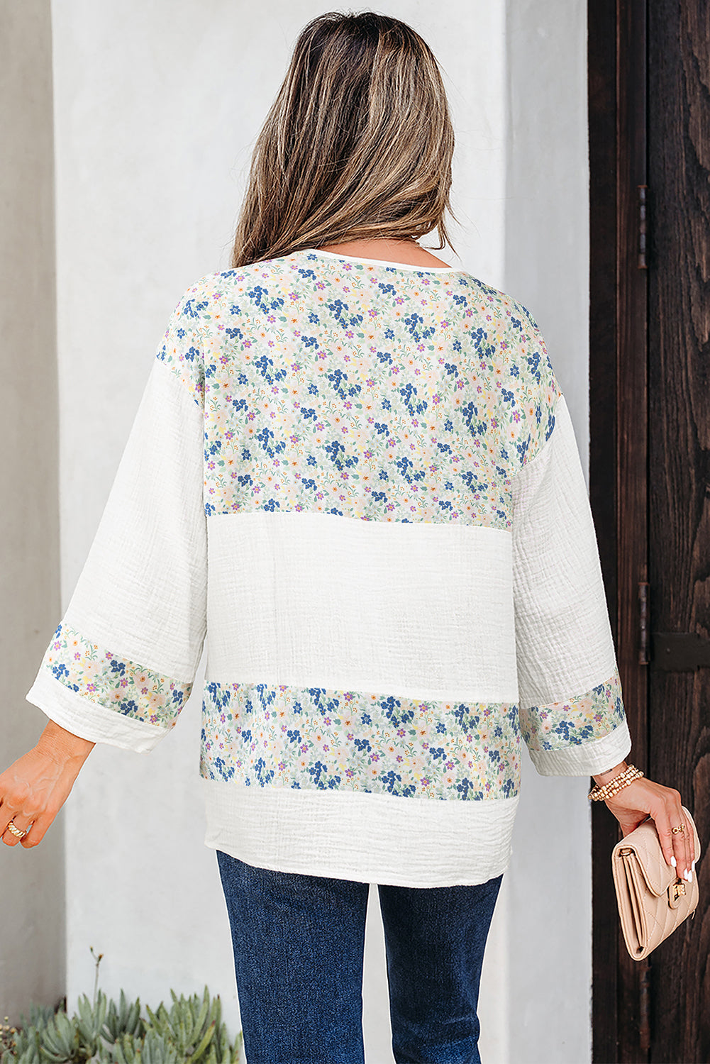 Sky Blue Floral Print Gauze Patchwork Henley Button 3/4 Sleeve Blouse