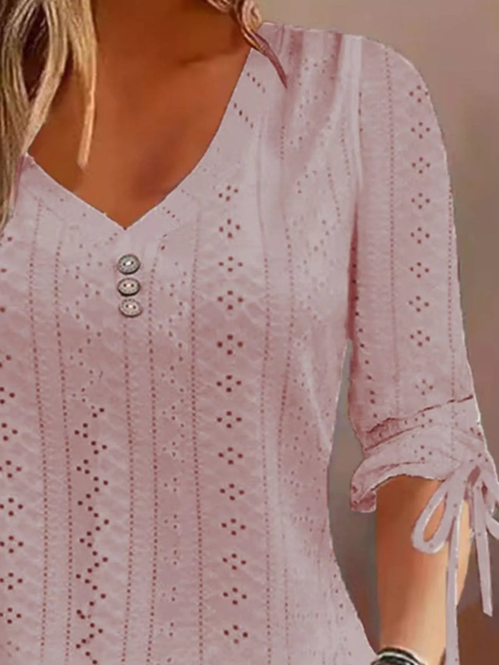 Full Size V-Neck Eyelet Drawstring Sleeve Top Plus Size