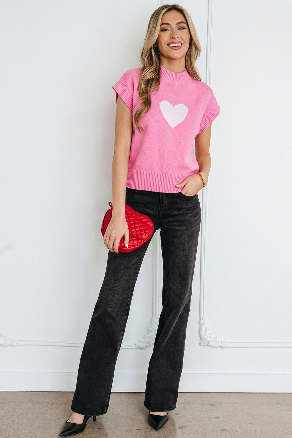 Heart Graphic Cropped Short Sleeve Sweater