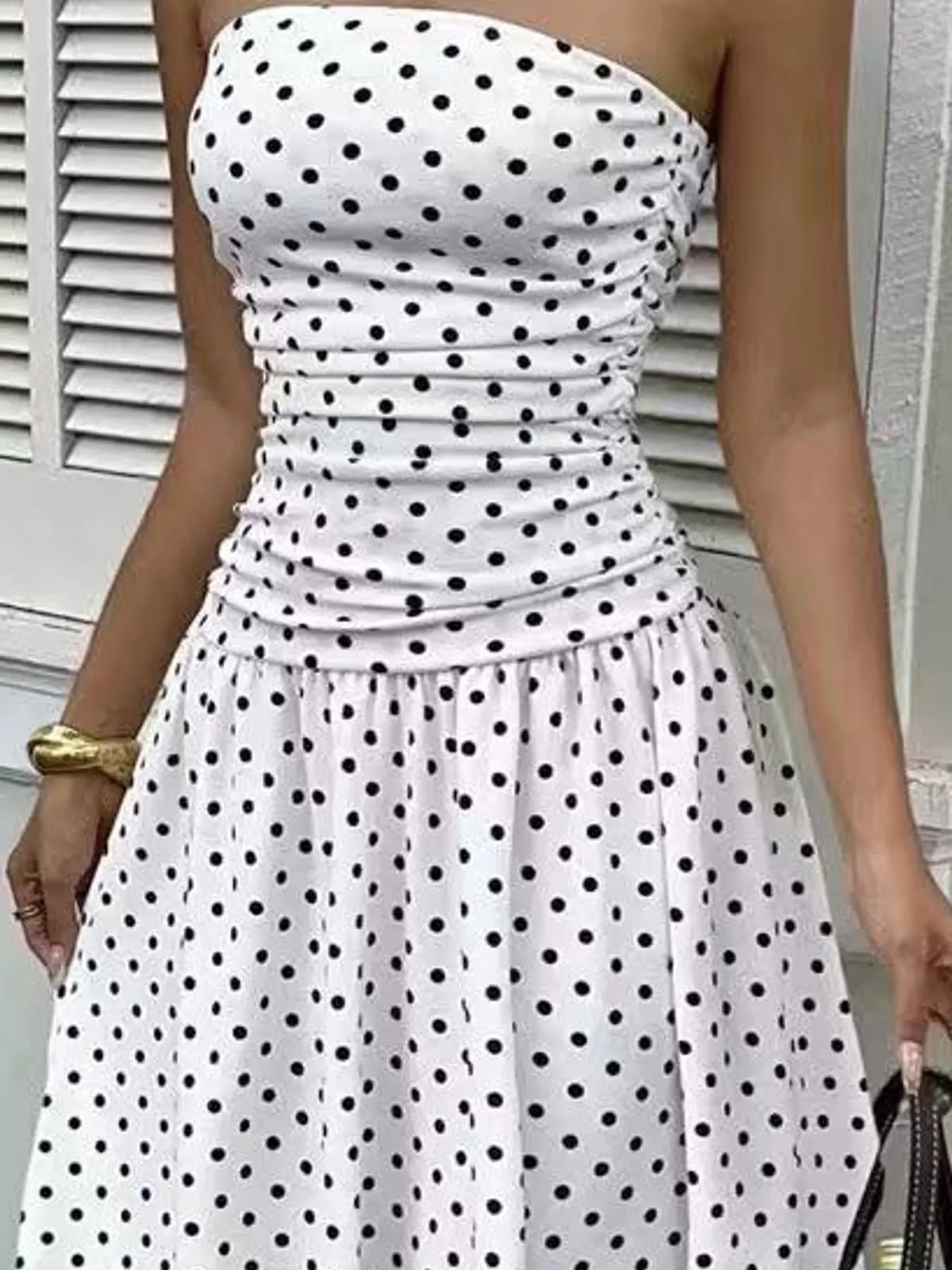 Strapless Polka Dot Ruched Maxi Dress