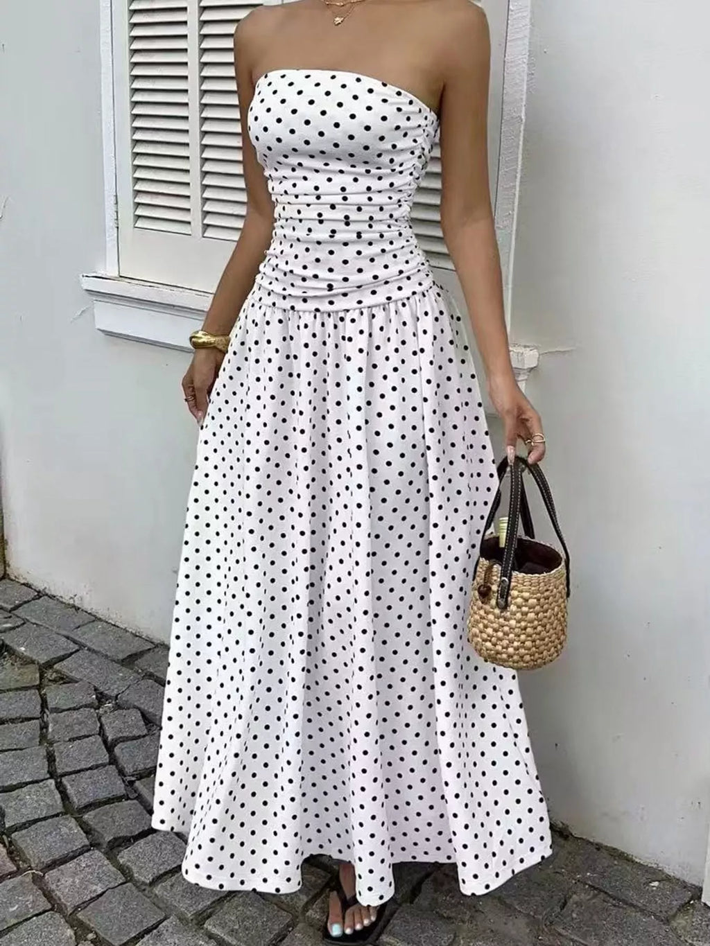 Strapless Polka Dot Ruched Maxi Dress