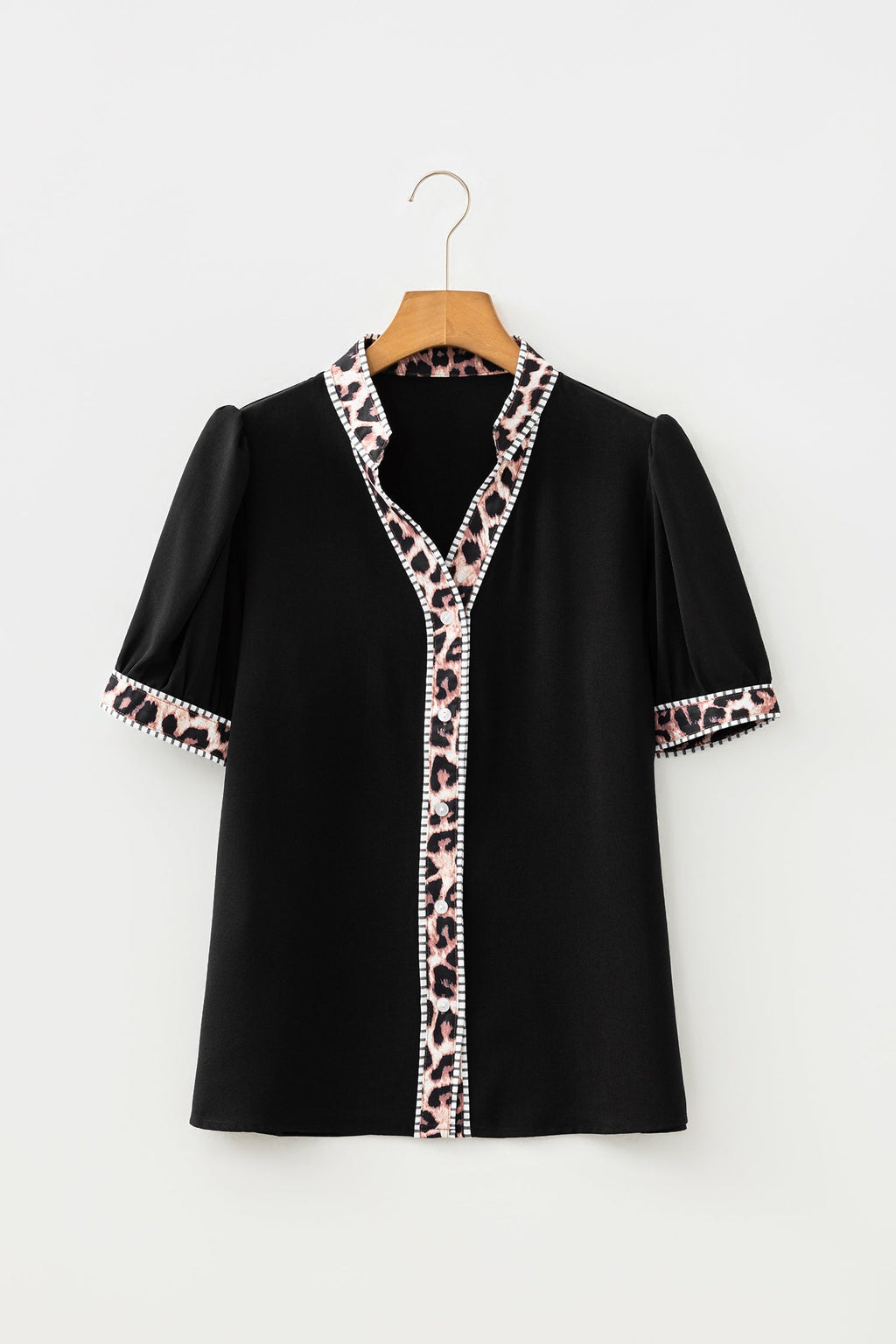 Black V Neck Short Puff Sleeve Contrast Striped Leopard Trim Button Down Shirt