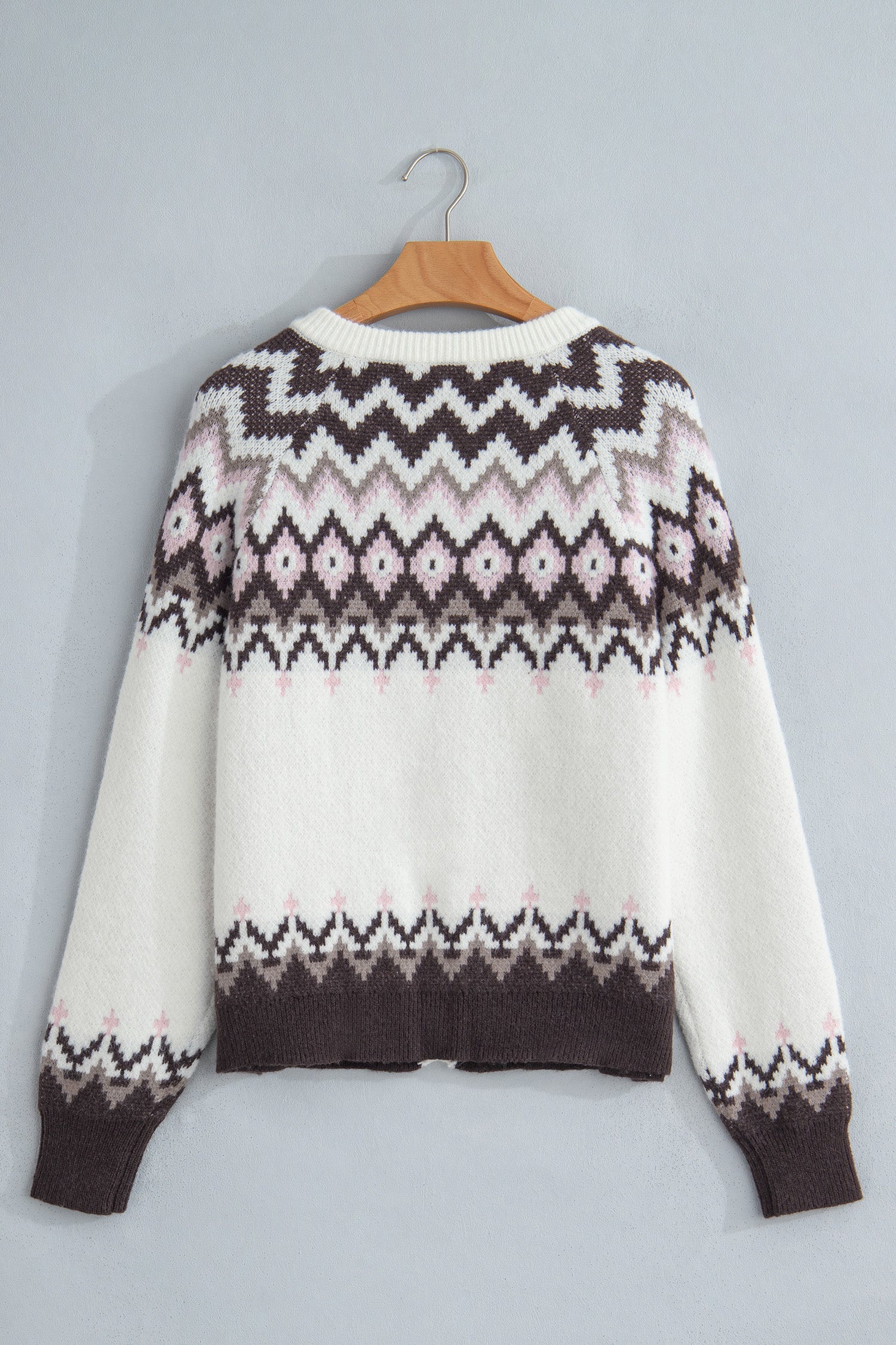 Geometric Fair Isle Brushed Knit Buttoned Cardigan