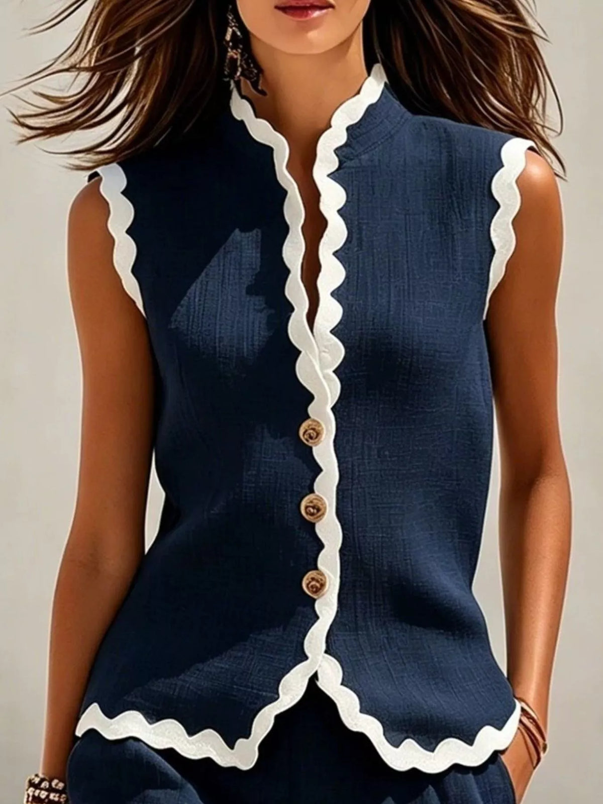 Full Size Contrast Scalloped Trim Sleeveless Top and Shorts Set Plus Size