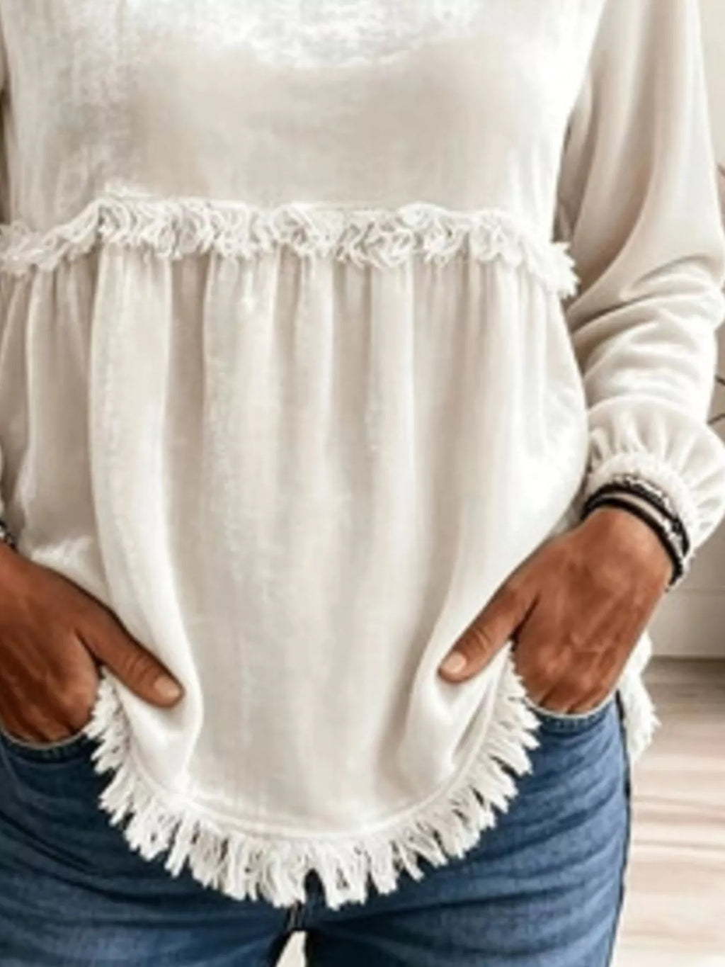Fringed Hem Long Sleeve T-Shirt