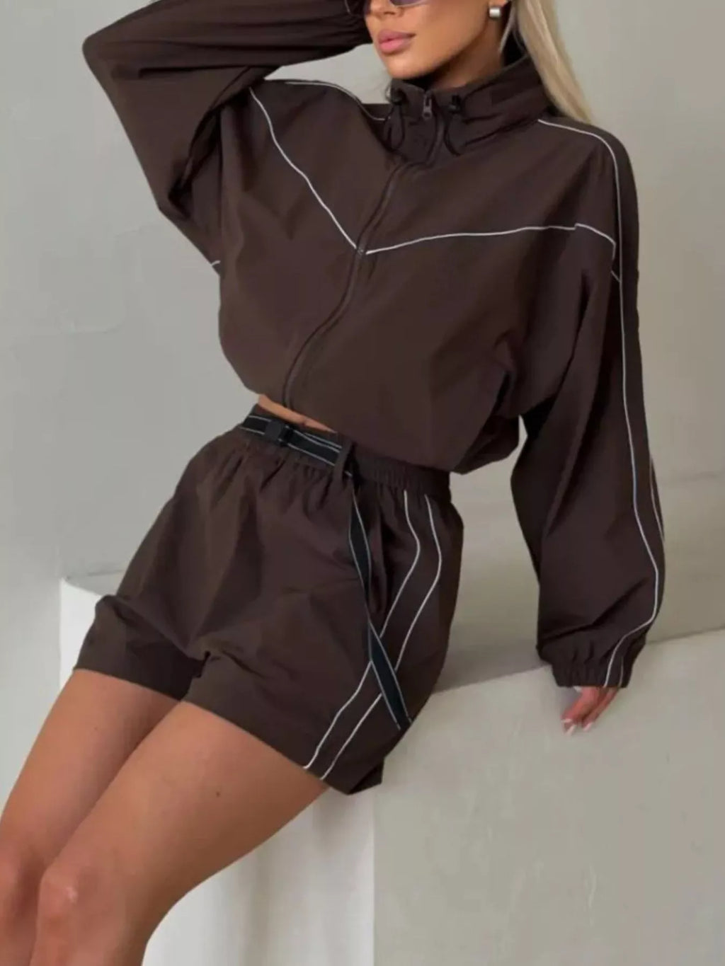 Drawstring Zip-Up Jacket and Shorts Set