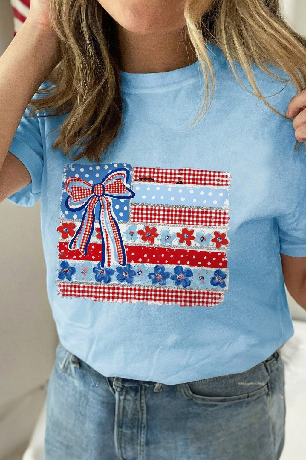 Light Blue Faux Patchwork Printed Coquette American Flag Graphic Tee