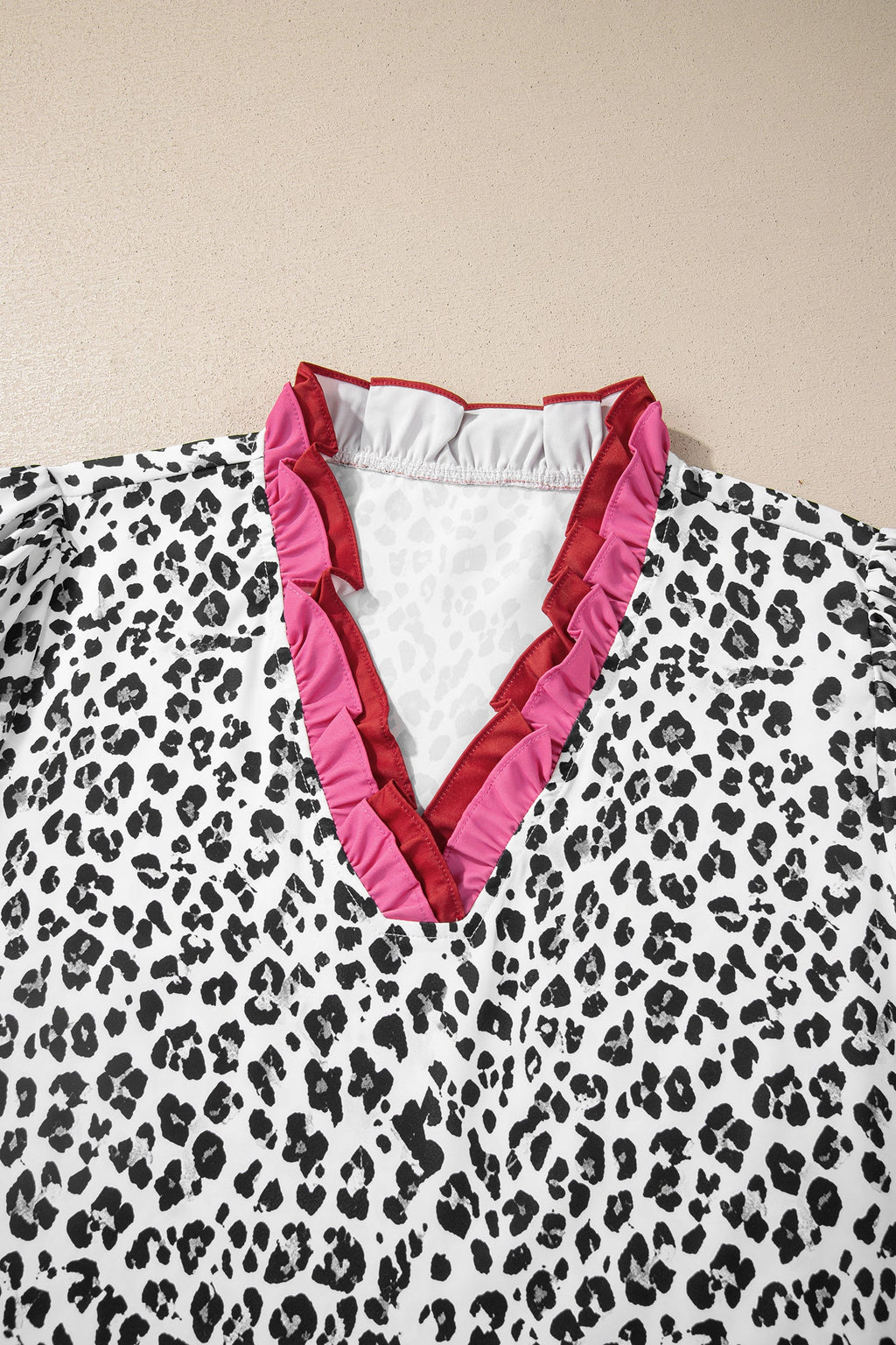 Gray Ruffled Trim V Neck Leopard Print Short Sleeve Blouse