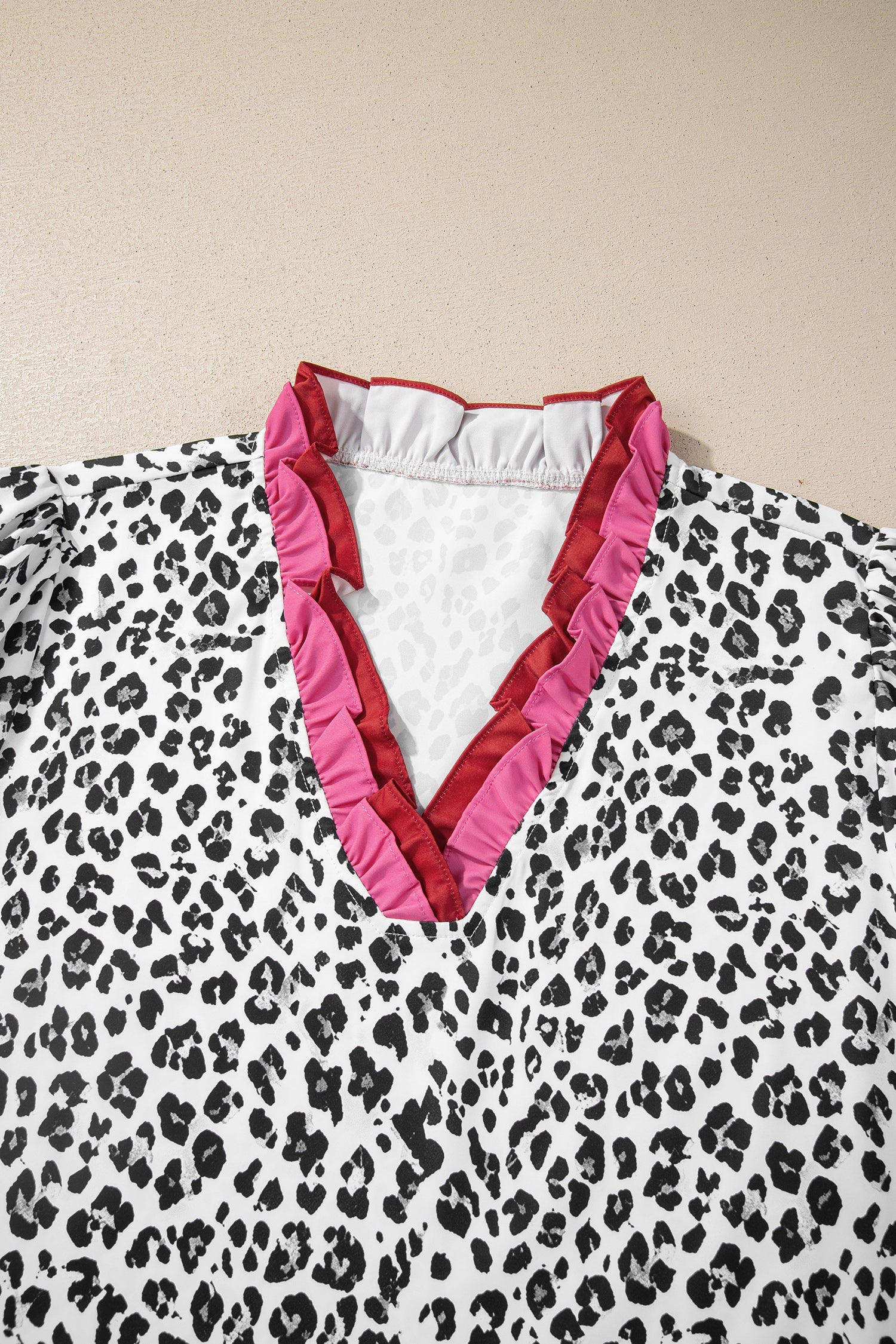 Gray Ruffled Trim V Neck Leopard Print Short Sleeve Blouse