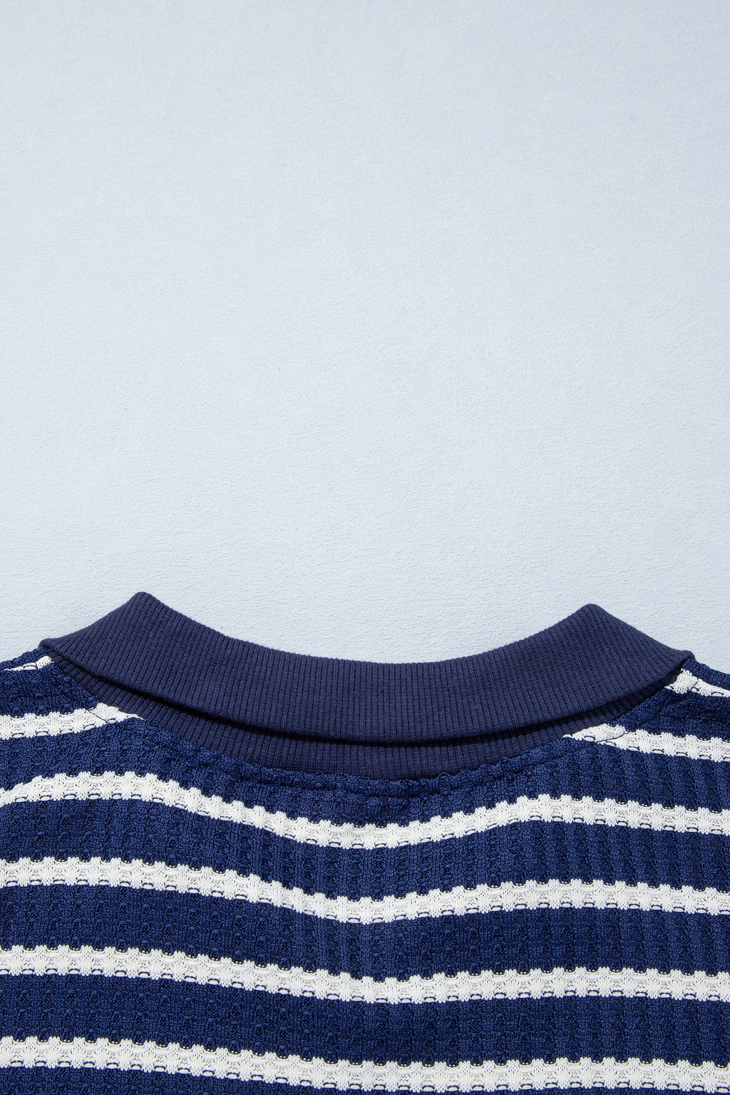 Blue Stripe Textured Knit Half Zip Collared Long Sleeve Top