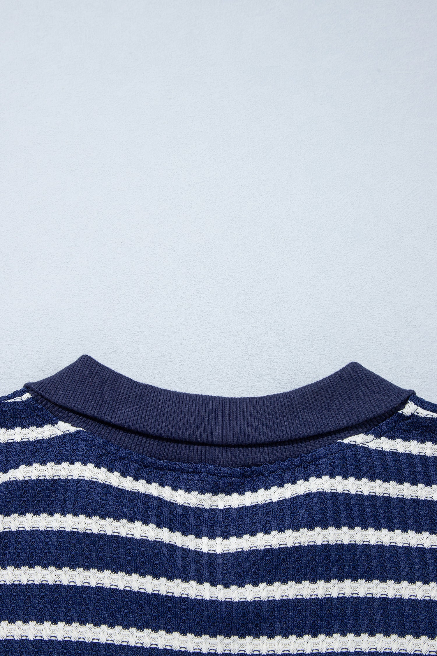 Blue Stripe Textured Knit Half Zip Collared Long Sleeve Top