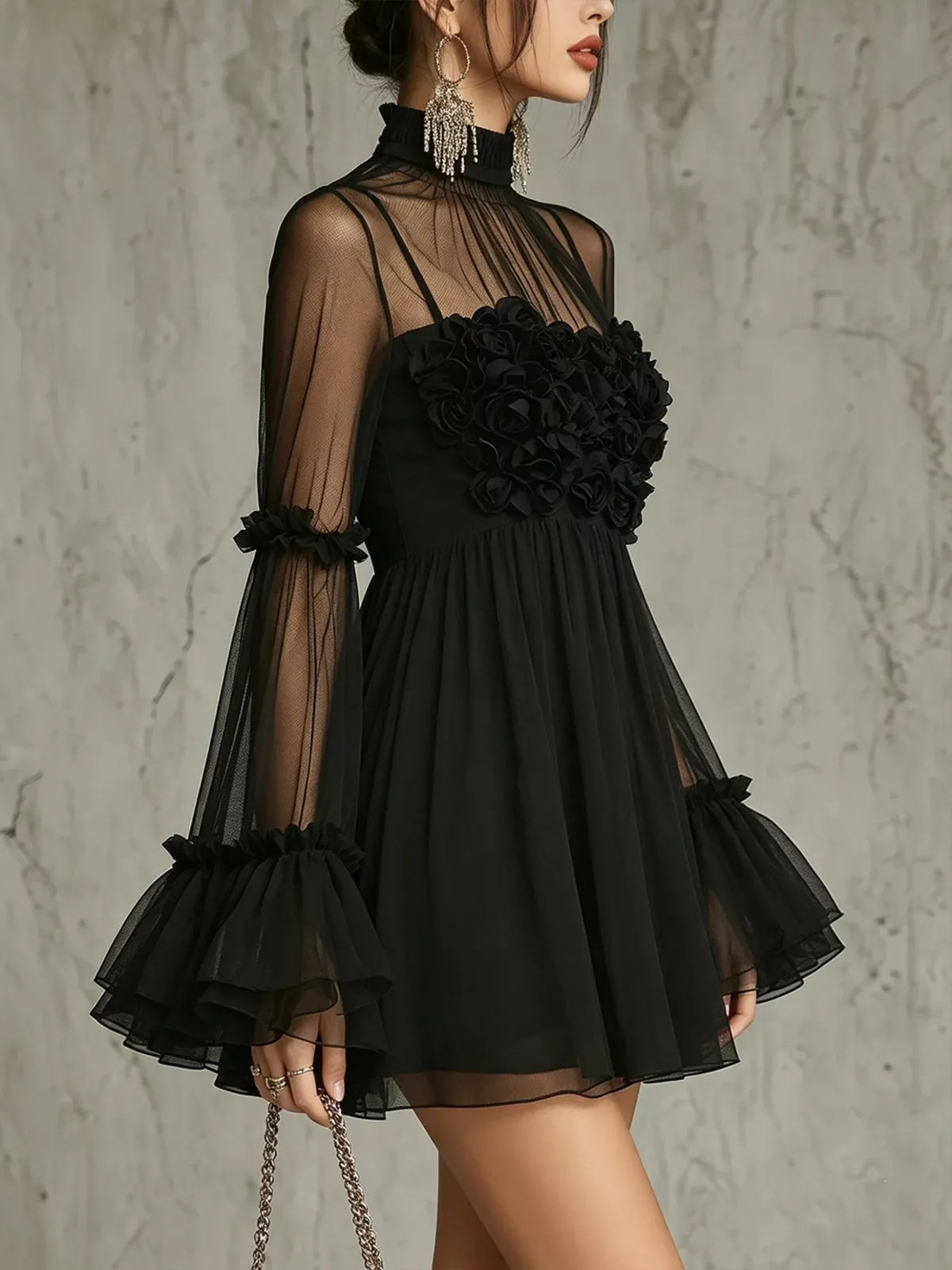 Sheer Mesh Flare Sleeve Mini Dress