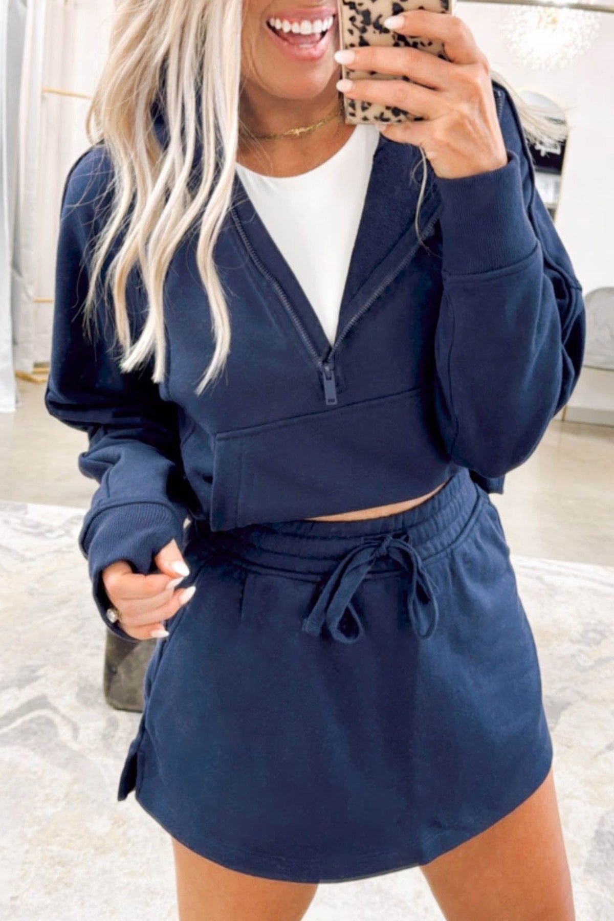 Mary Long Sleeve Zip-Up Top Elastic Waist Skort Set