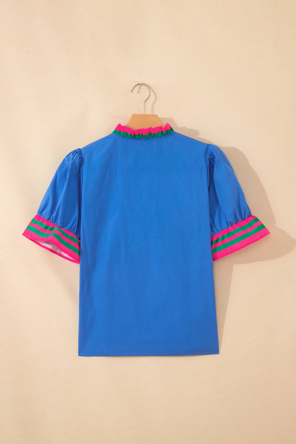 Sky Blue Striped Frilled Collar Ruffled Short Sleeve Blouse