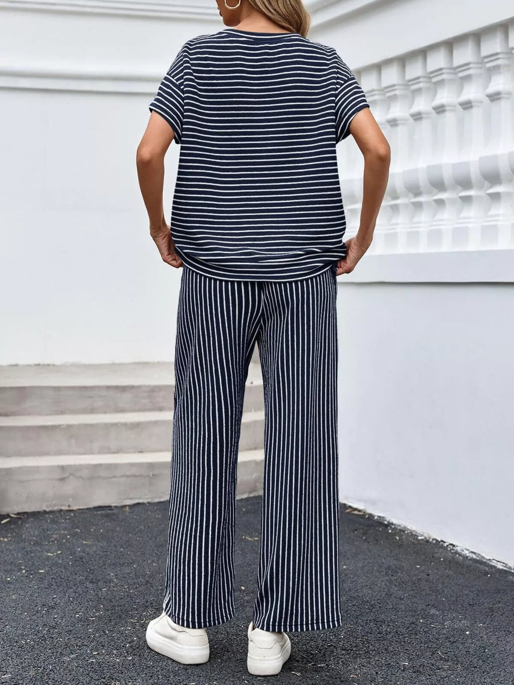 Casual Striped Short Sleeve Top and Wide Leg Pants Two-Piece Set