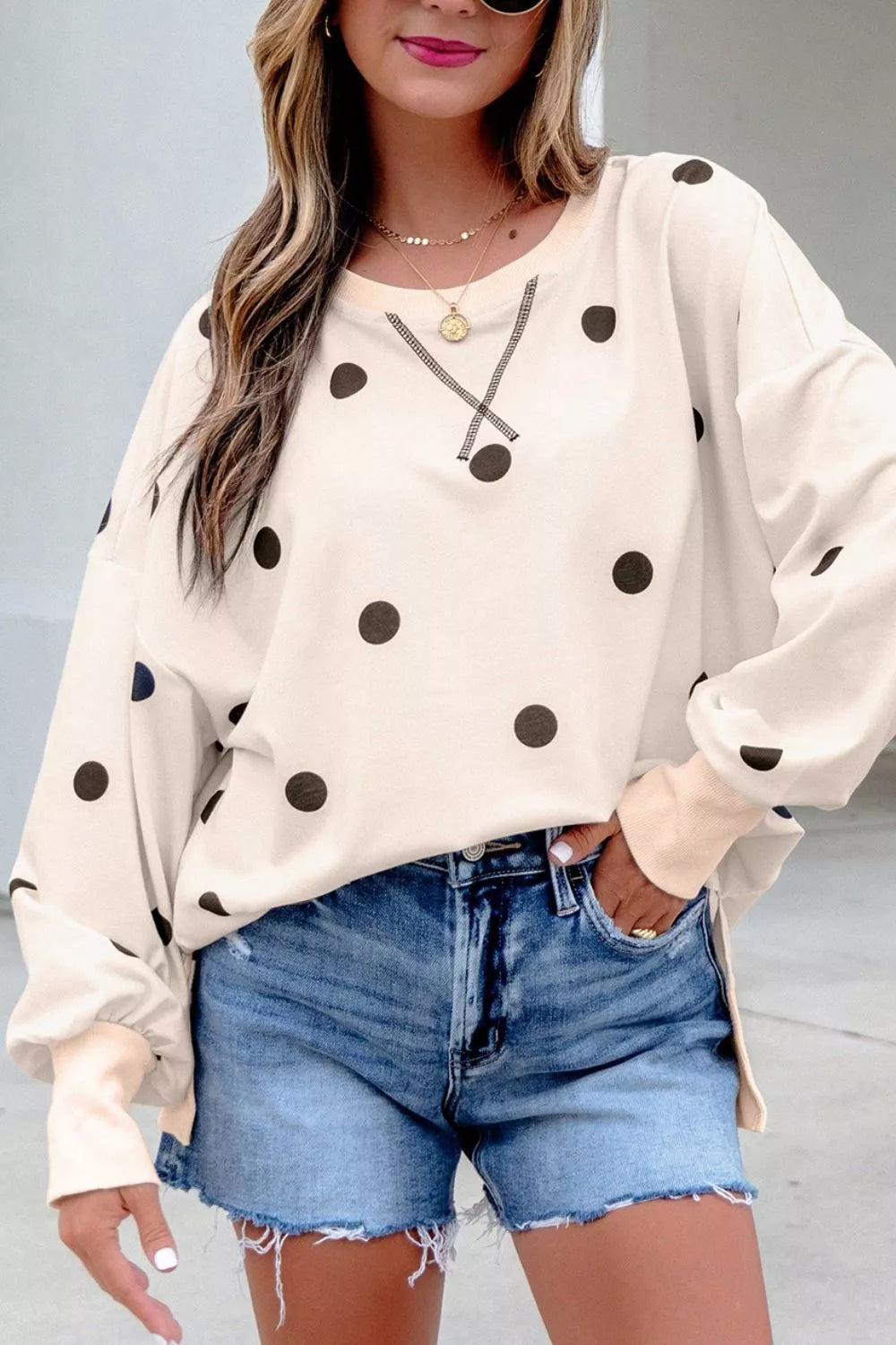 Loose-fit Long Sleeve Round Neck Polka Dot Tunic Sweatshirt