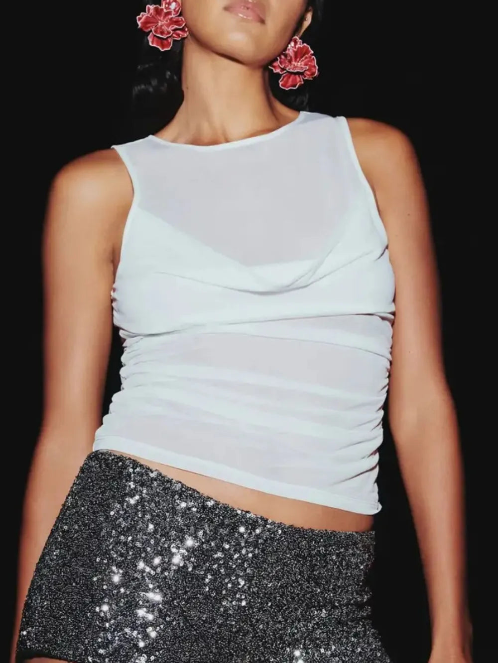 Semi-Sheer Ruched Round Neck Tank Top