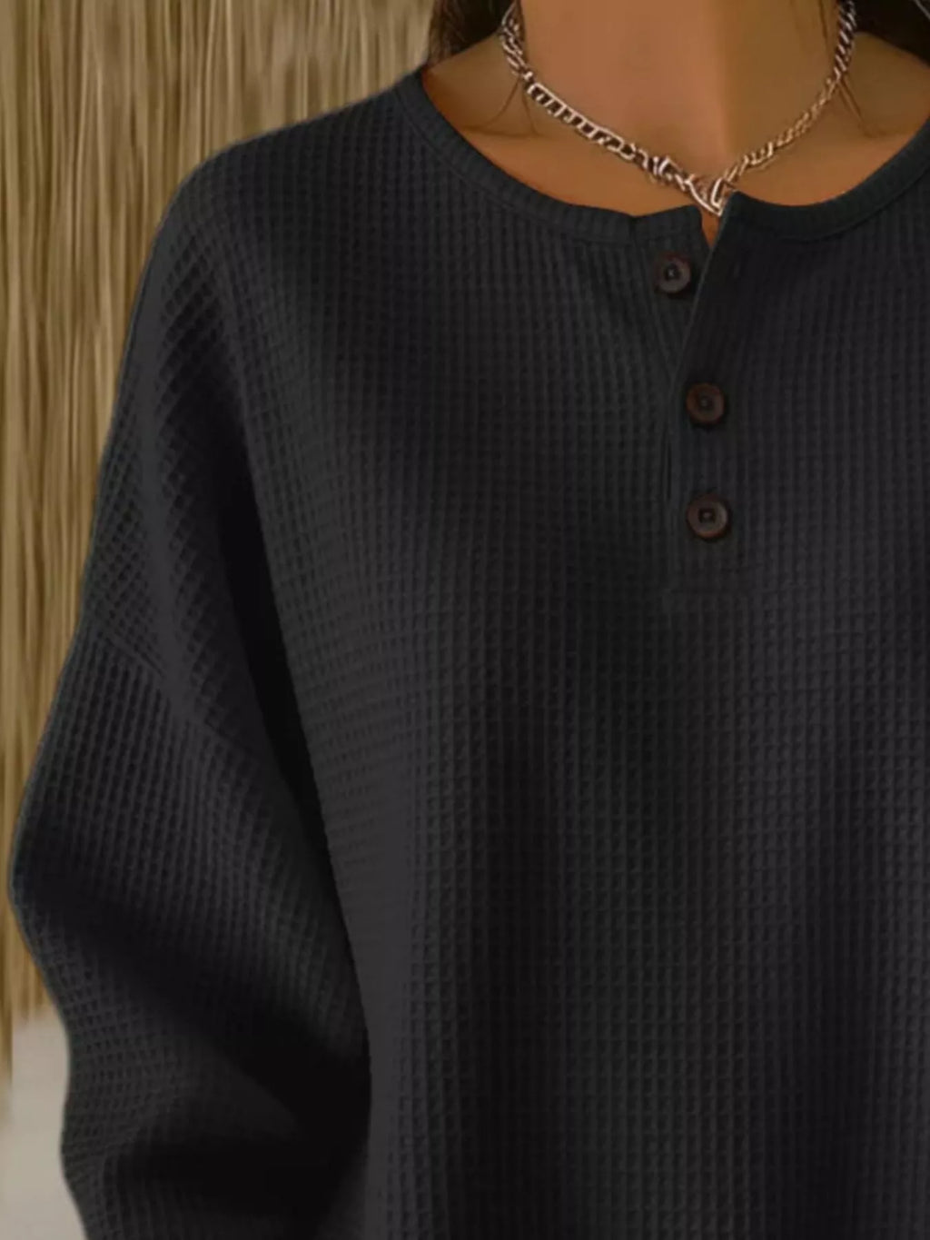 Full Size Waffle Knit Button Detail Top Plus Size