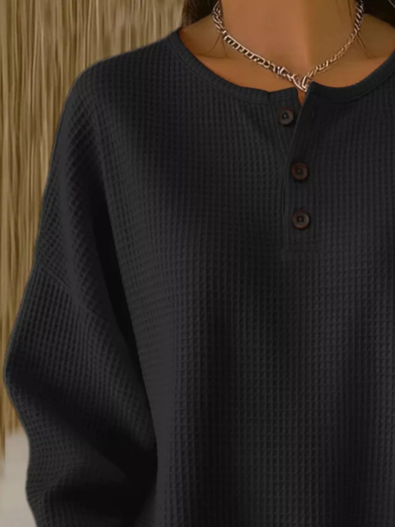 Full Size Waffle Knit Button Detail Top Plus Size
